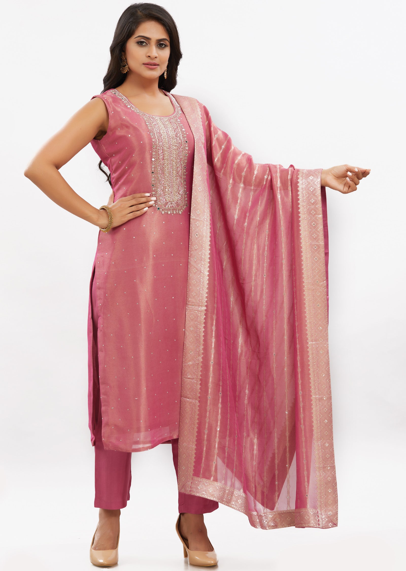 Dark Pink Tissue Silk Straight Cut Suits