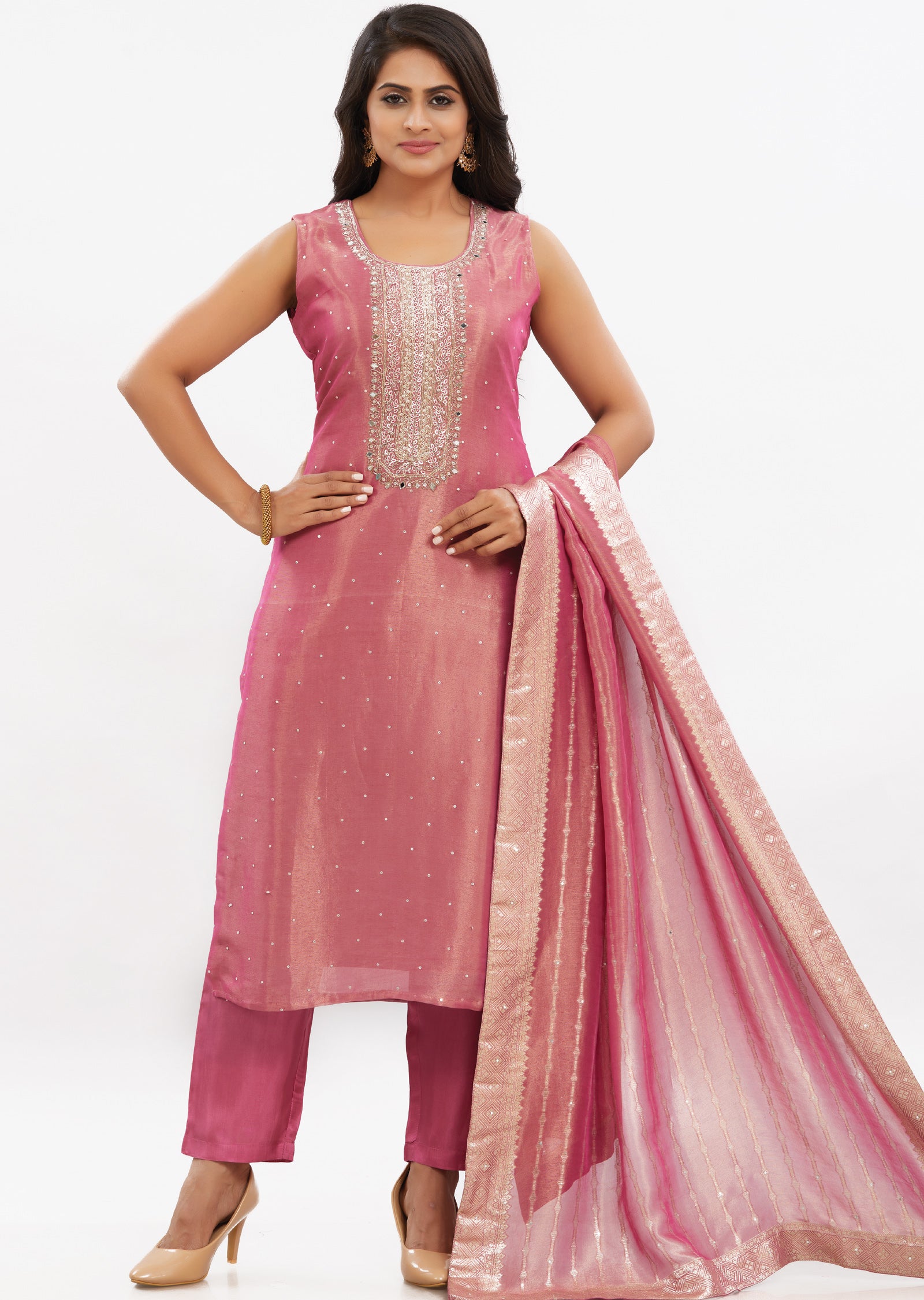 Dark Pink Banaras Tissue Silk Kurti with Zardosi Work