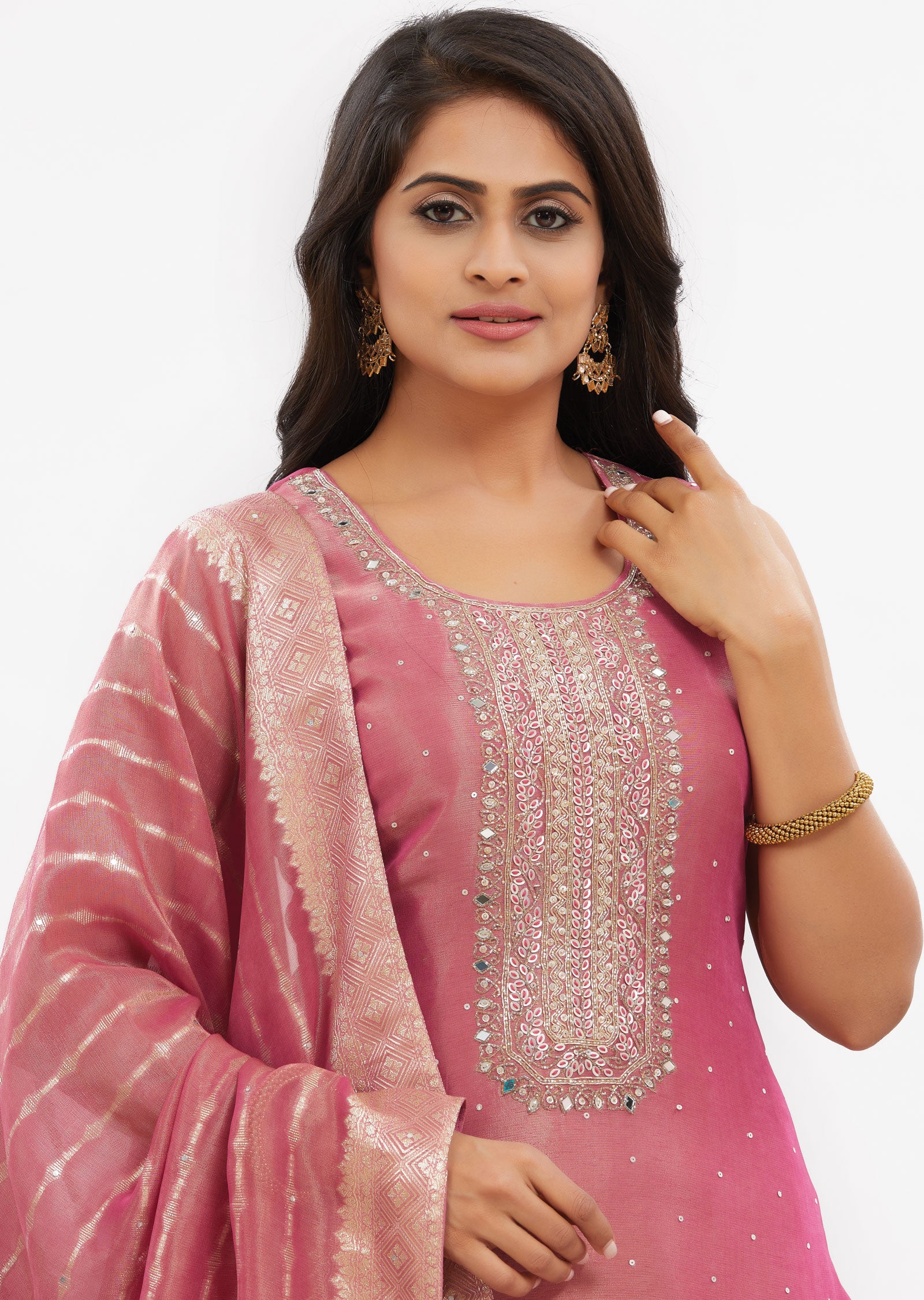 Dark Pink Banaras Tissue Silk Kurti with Zardosi Work