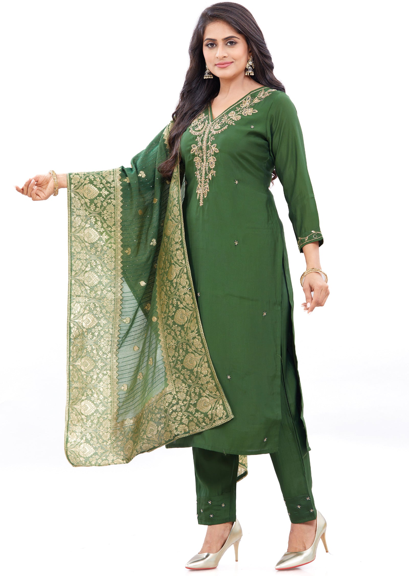 Olive Green Soft Silk Straight Cut Suits