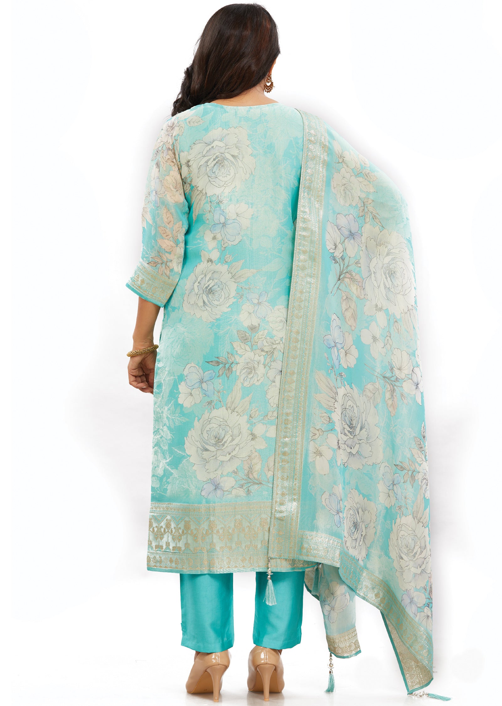 Sea Green Banaras Tissue Silk Straight Cut Suits