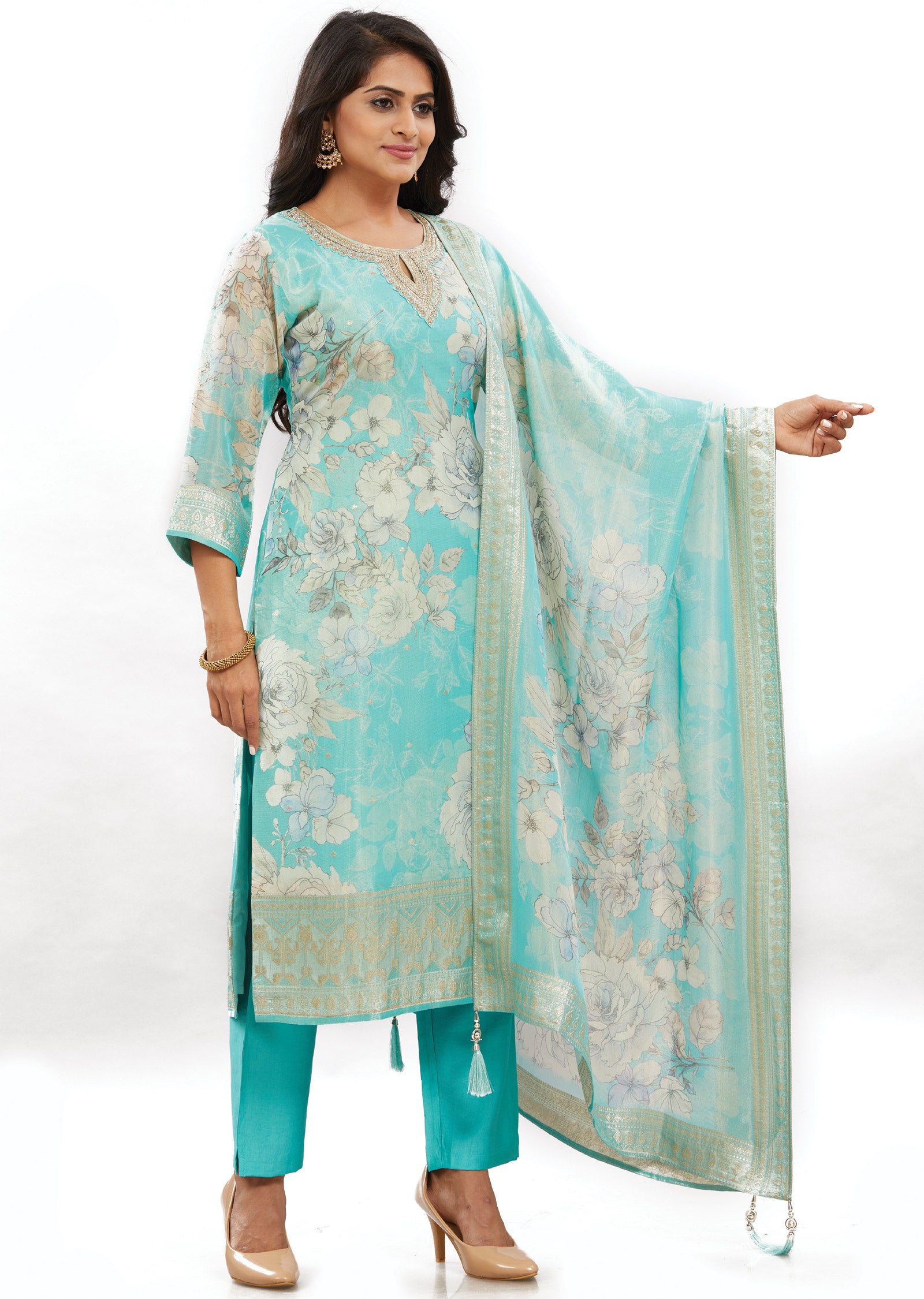 Sea Green Banaras Tissue Silk Straight Cut Suits