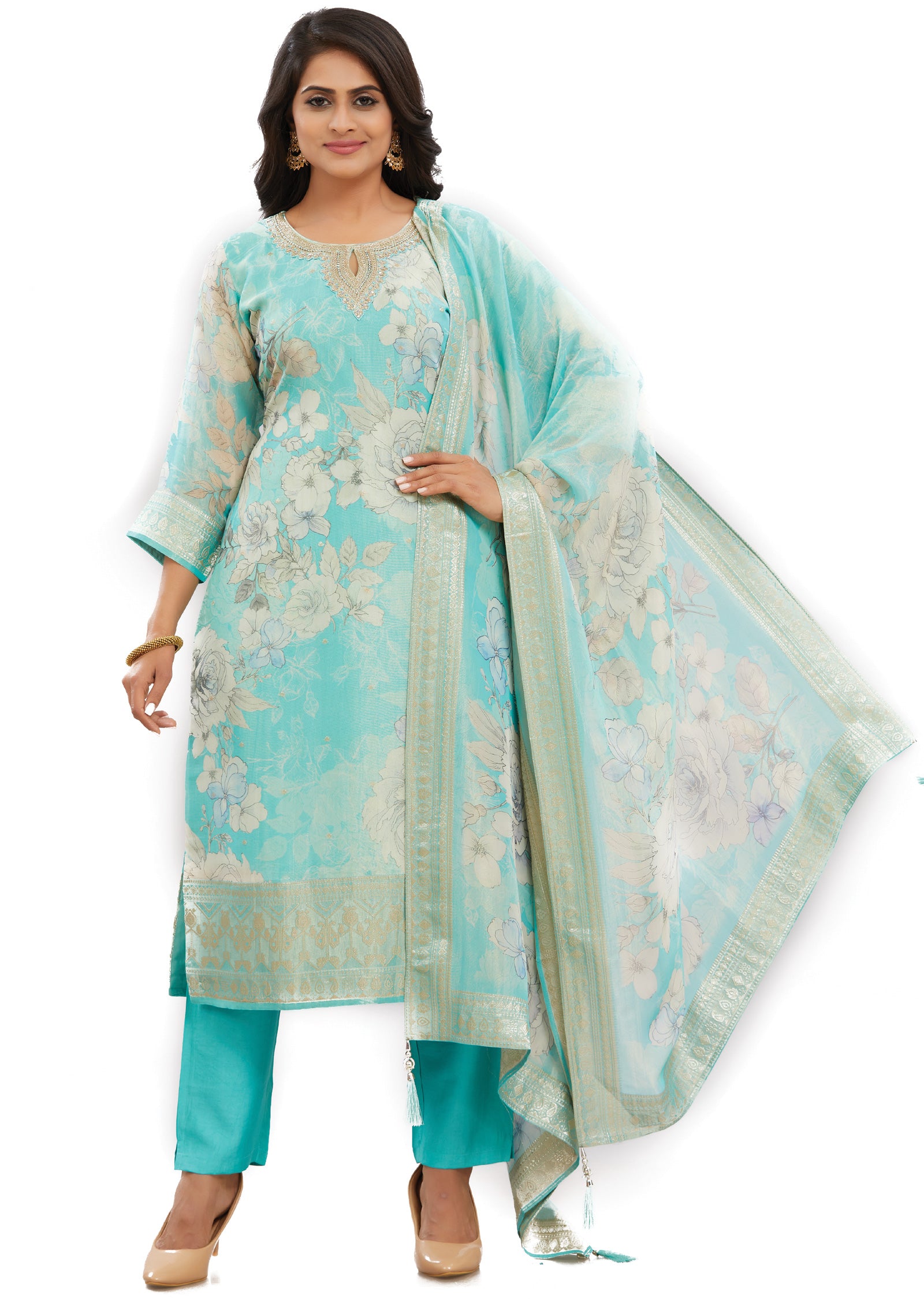 Sea Green Banaras Tissue Silk Straight Cut Suits