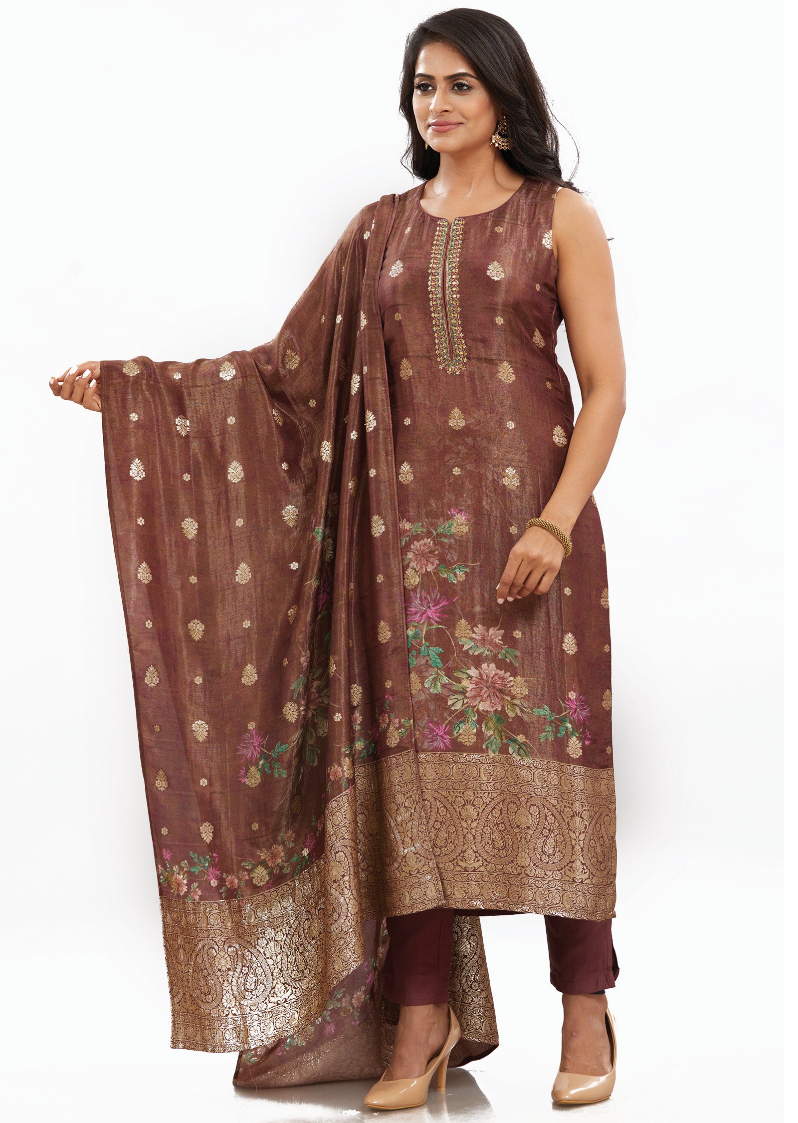 Brown Banaras Tissue Silk Straight Cut Suits