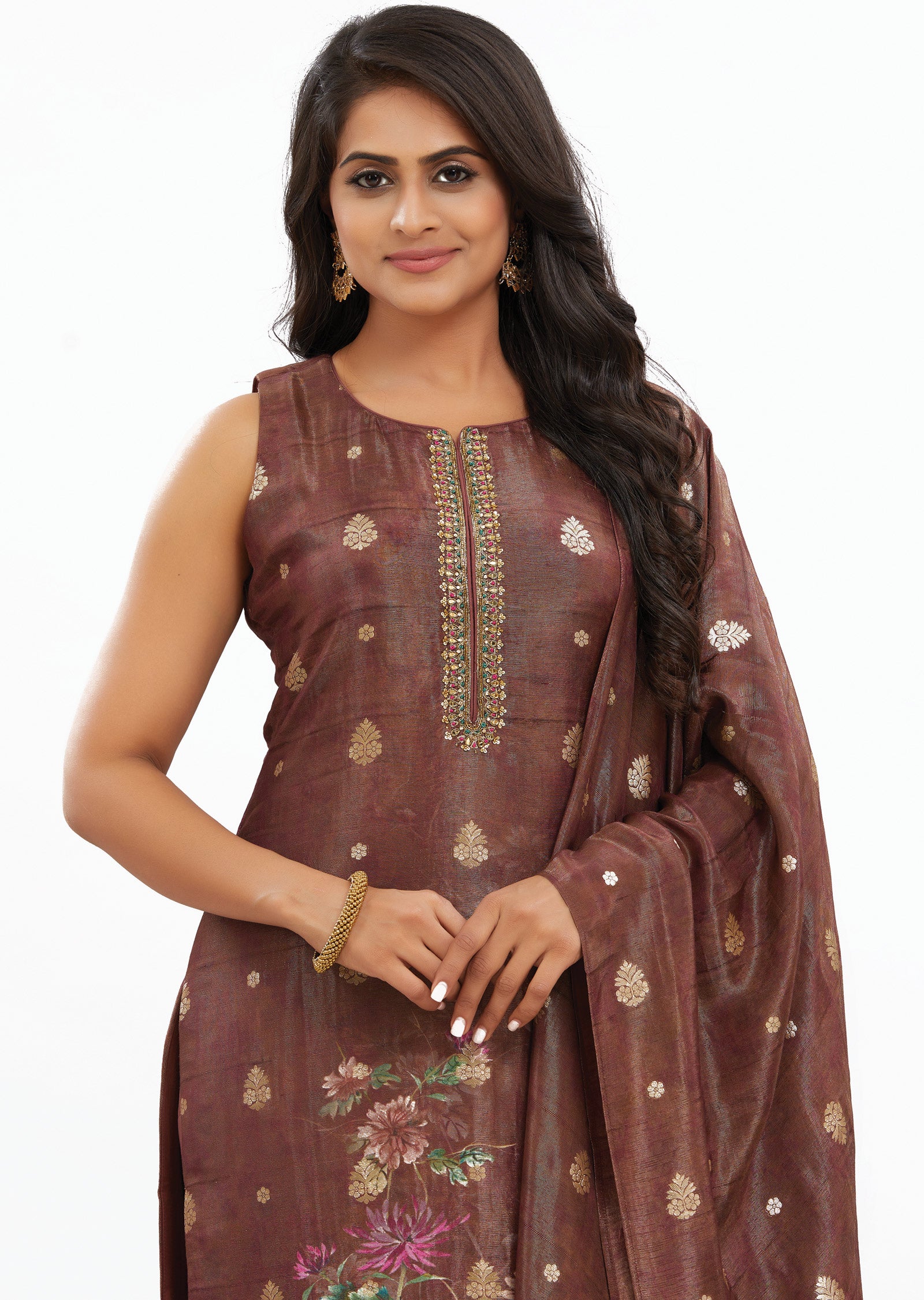 Brown Banaras Tissue Silk Straight Cut Suits