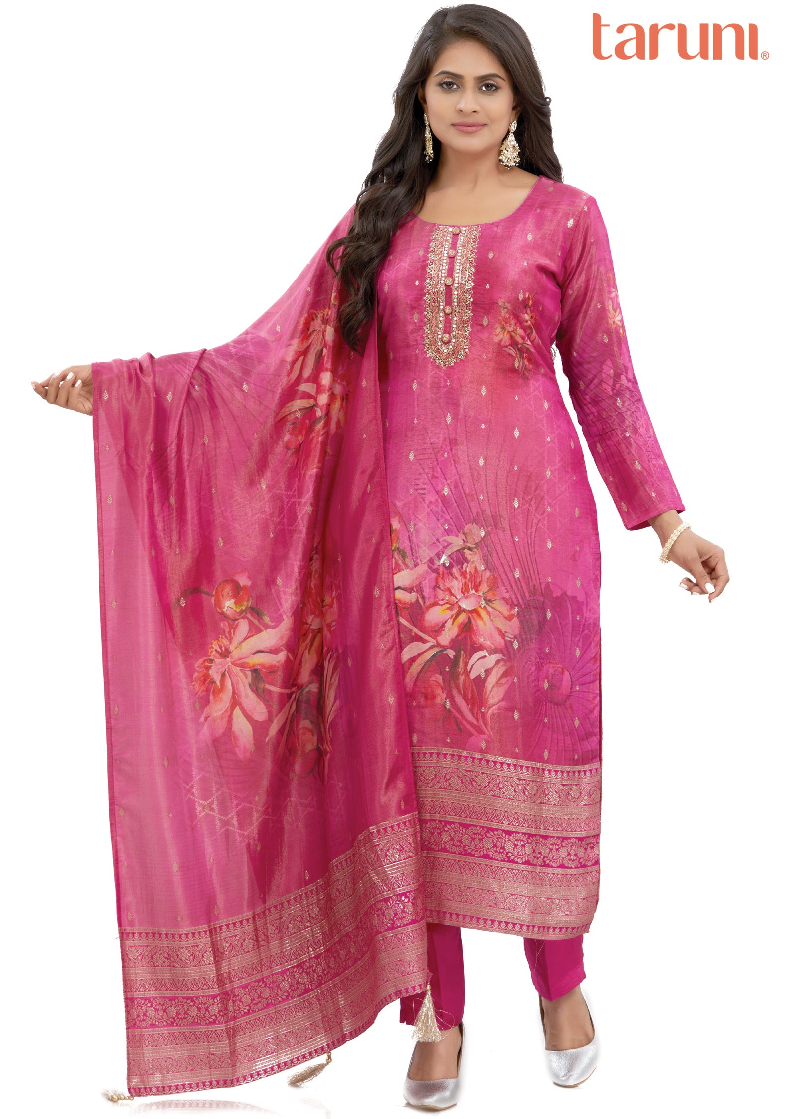 Rani Pink Banaras Tissue Straight Cut Suits