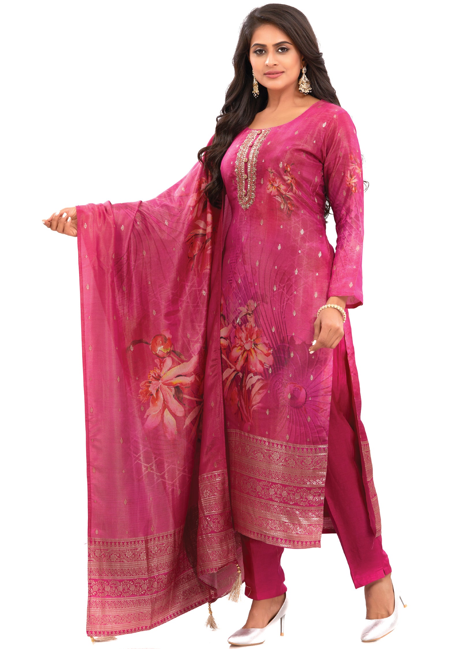 Rani Pink Banaras Tissue Straight Cut Suits