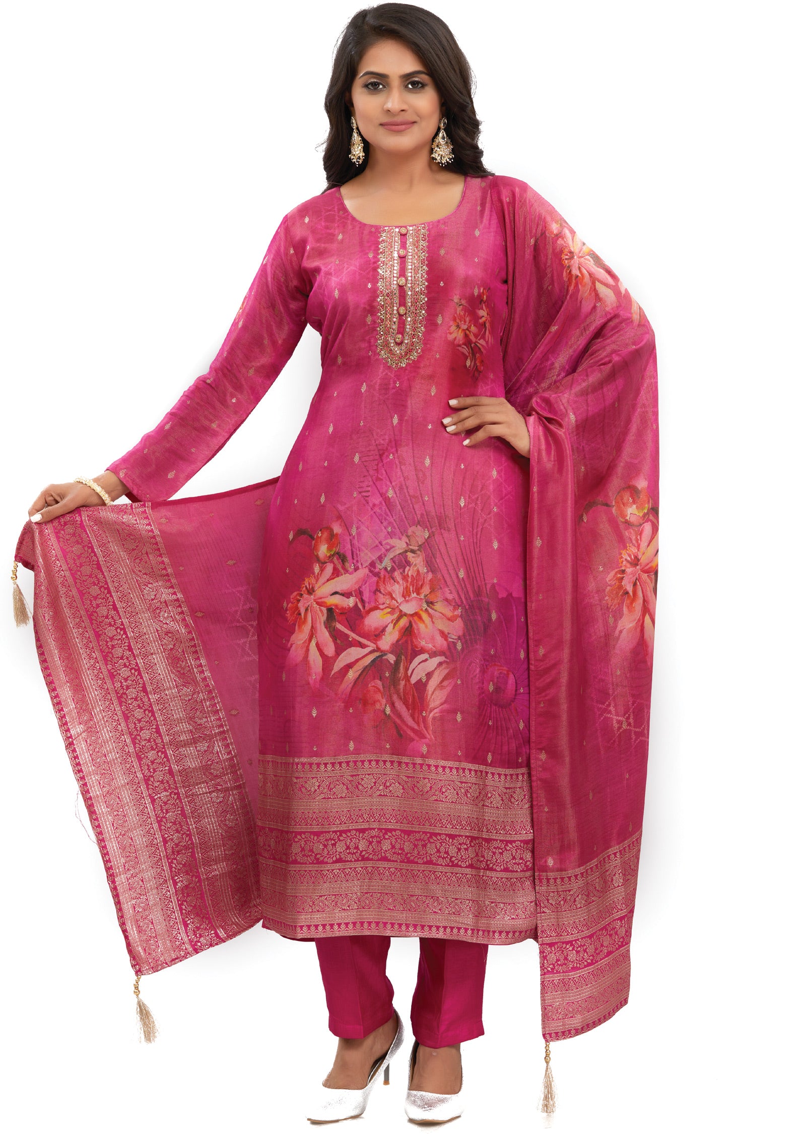 Rani Pink Banaras Tissue Straight Cut Suits