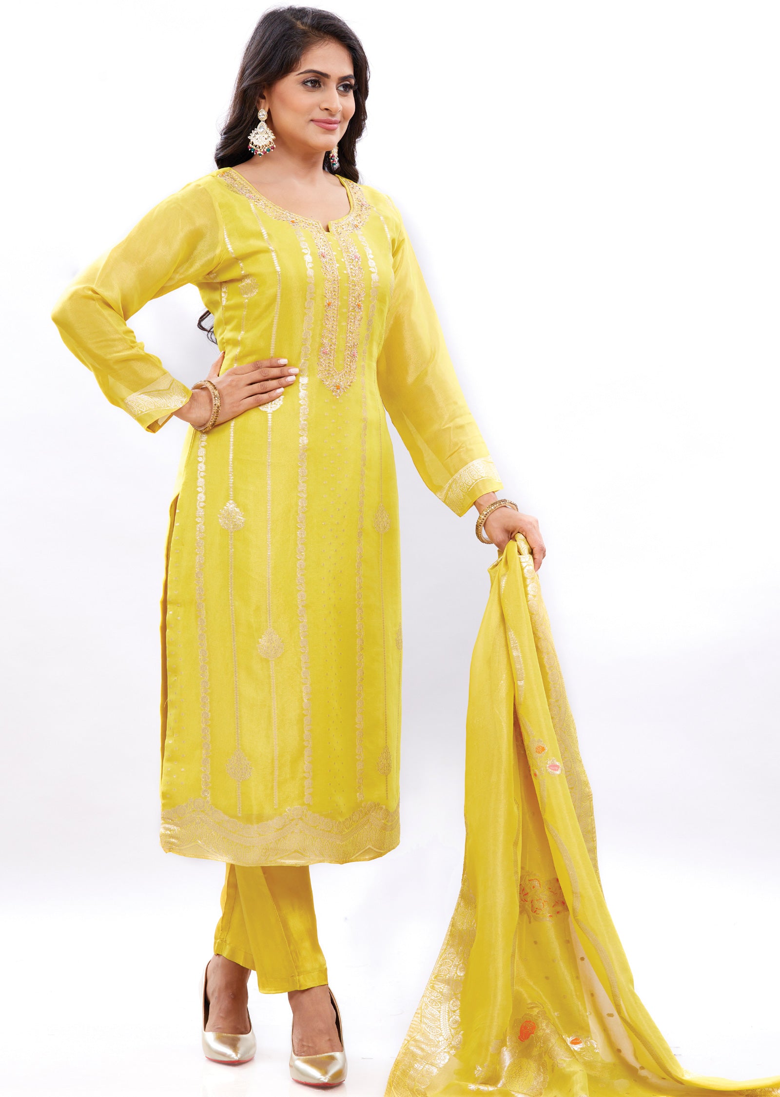 Yellow Banaras Jute Straight Cut Suits