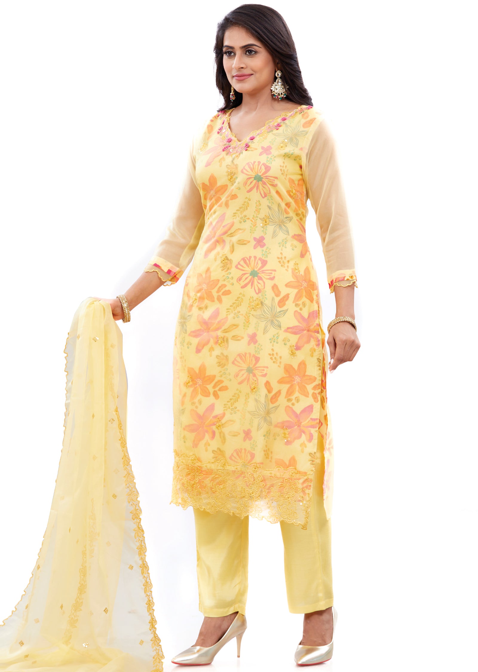 Yellow Organza Kurti with Resham & Sequence Work