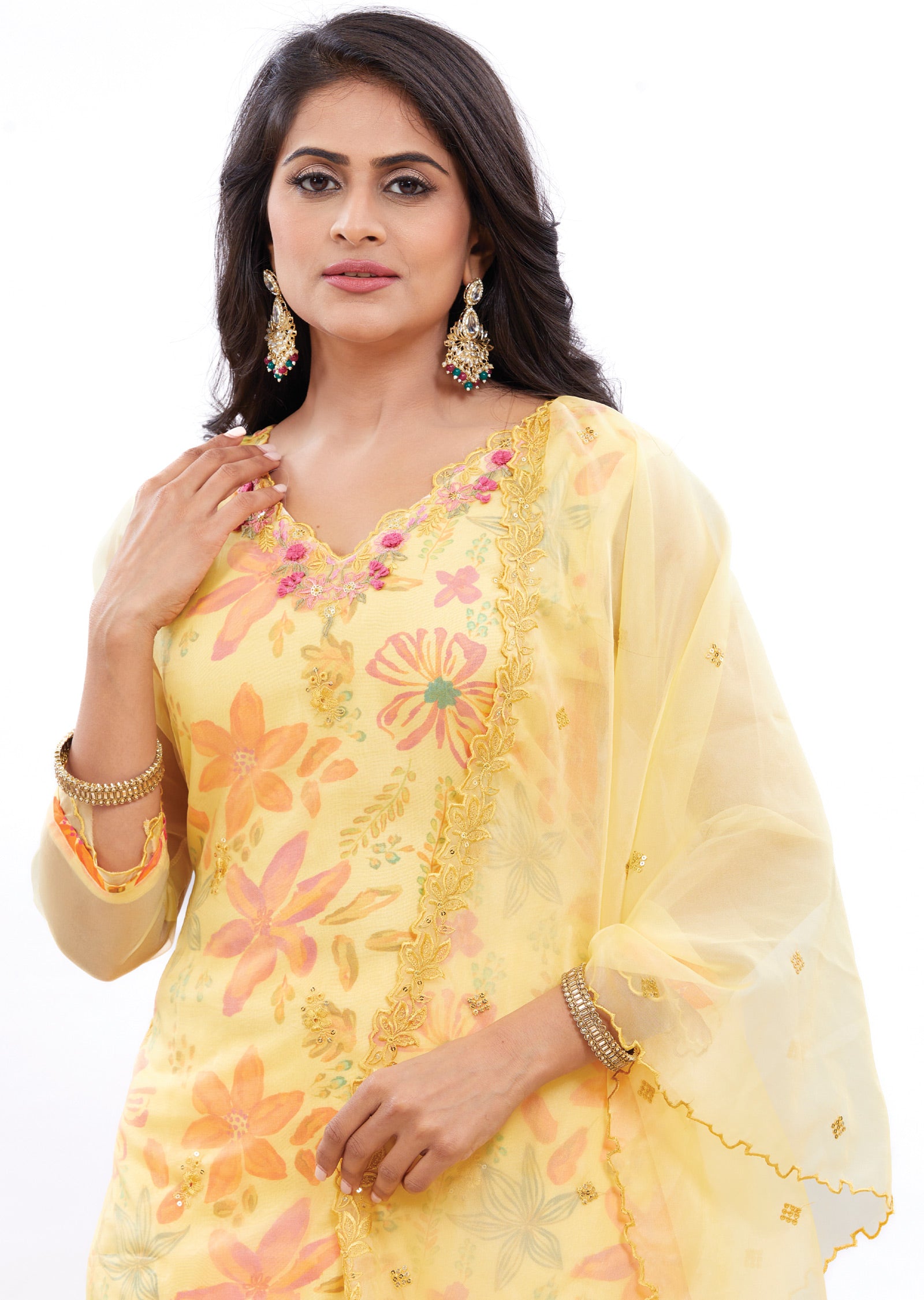 Yellow Organza Kurti with Resham & Sequence Work