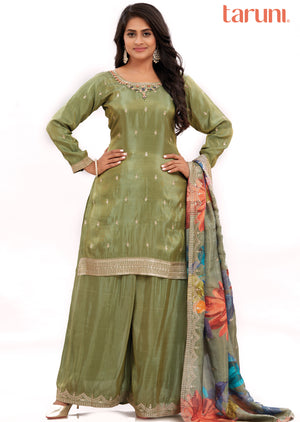 Mehndi Green Tissue Silk Straight Cut Suits