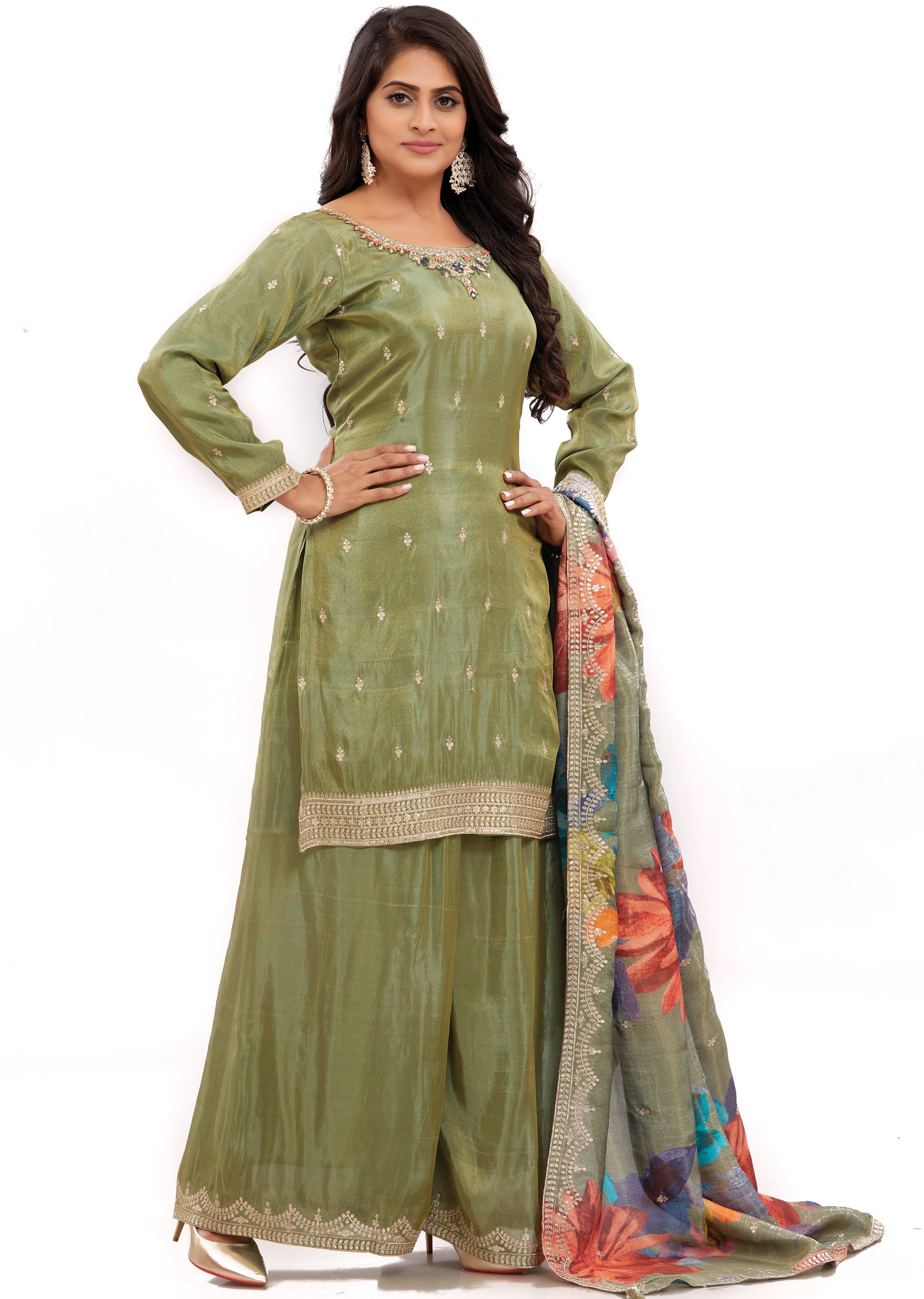 Mehndi Green Tissue Silk Straight Cut Suits