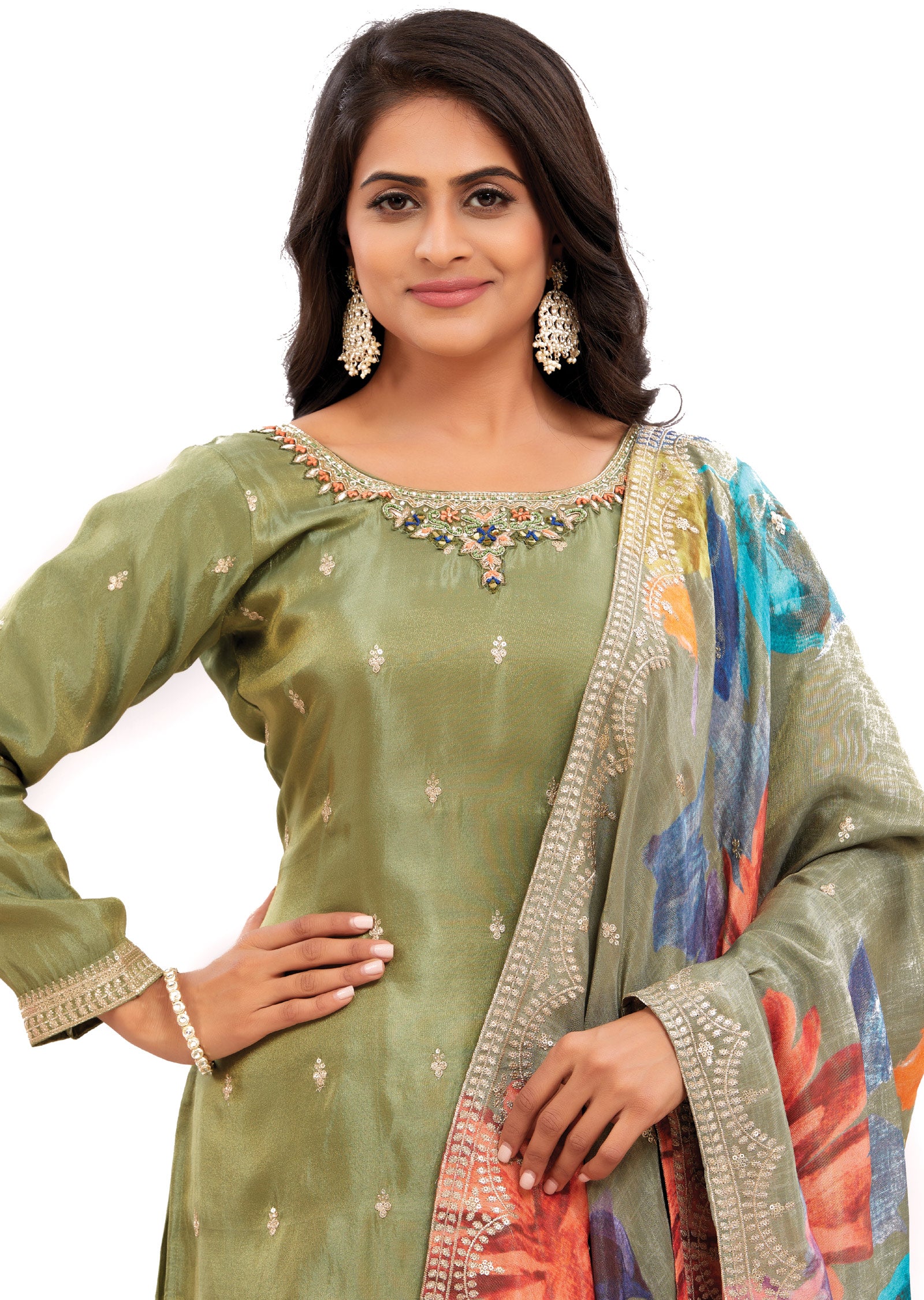 Mehndi Green Tissue Silk Straight Cut Suits