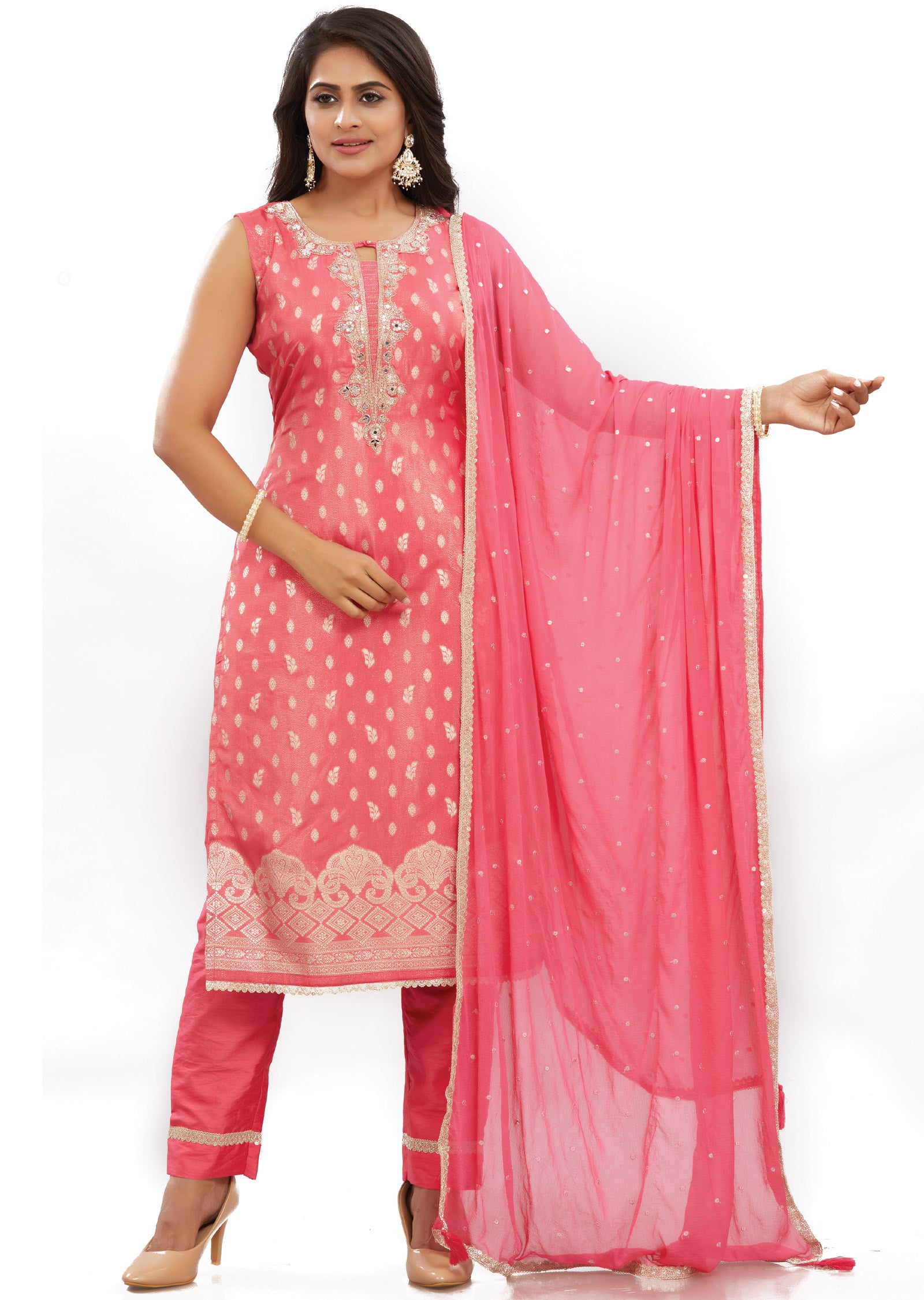 Pink Banaras Tissue Straight Cut Suits