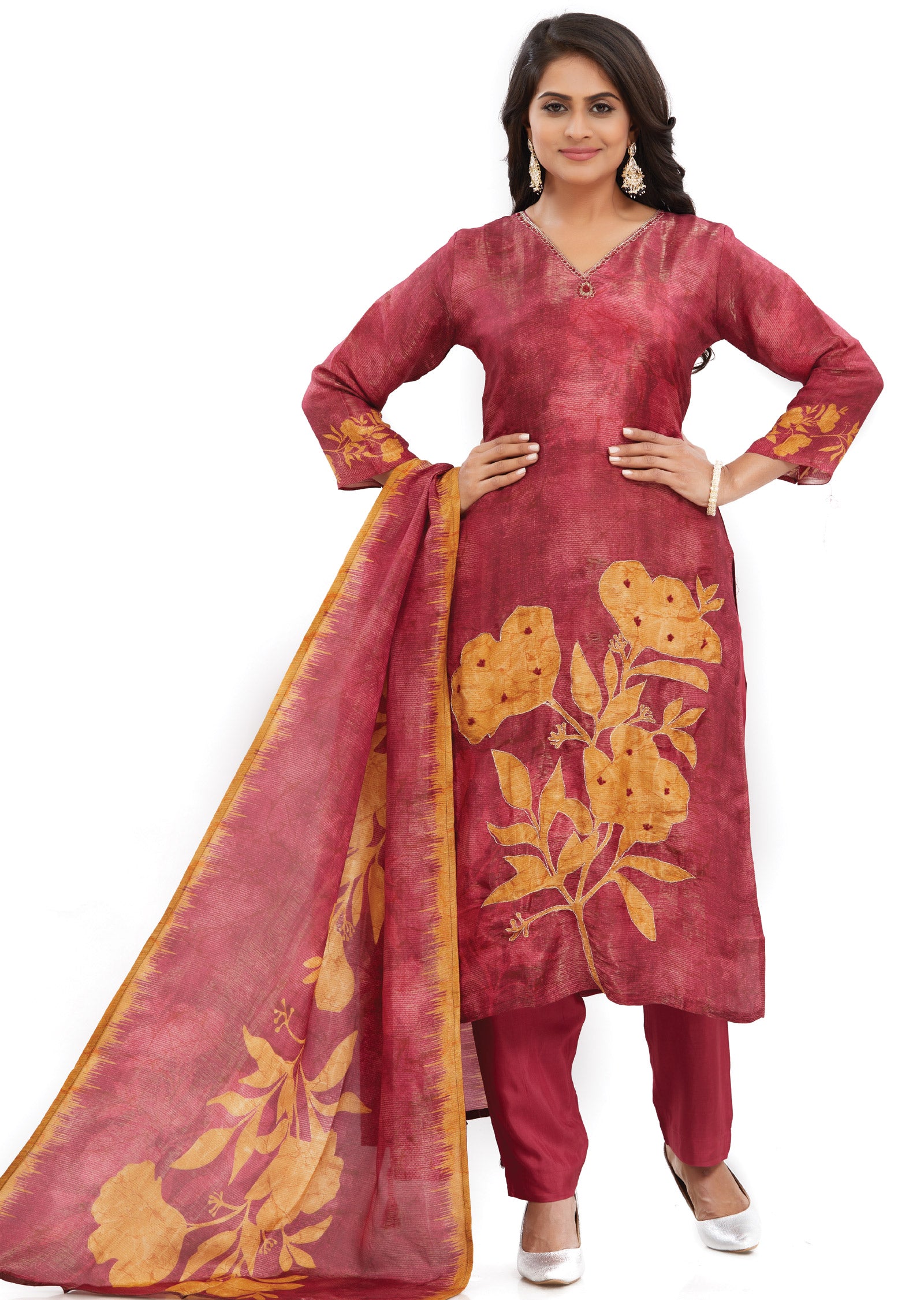 Maroon Tissue Silk Straight Cut Suits