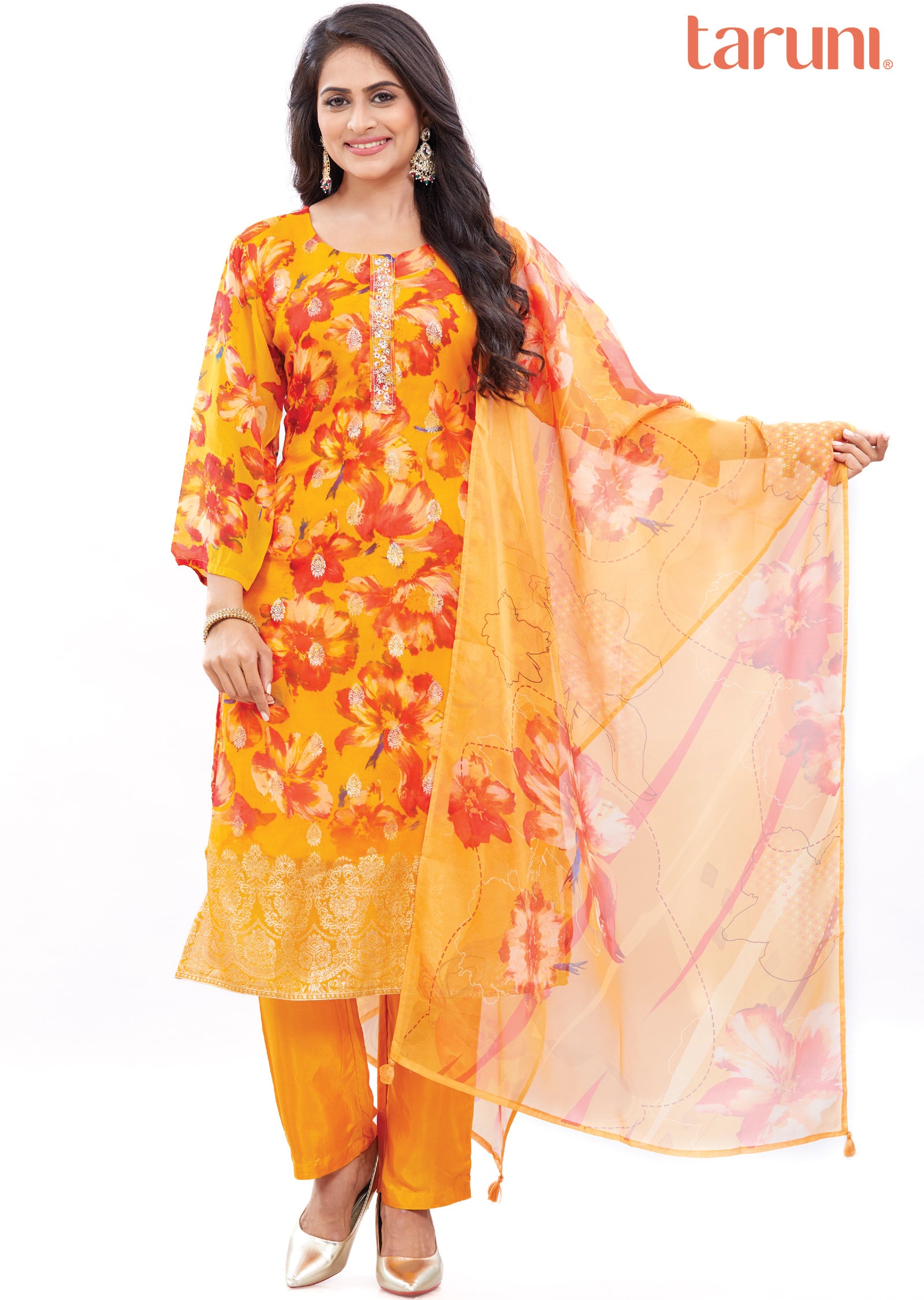 Orange & Red Banaras Organza Straight Cut Suits