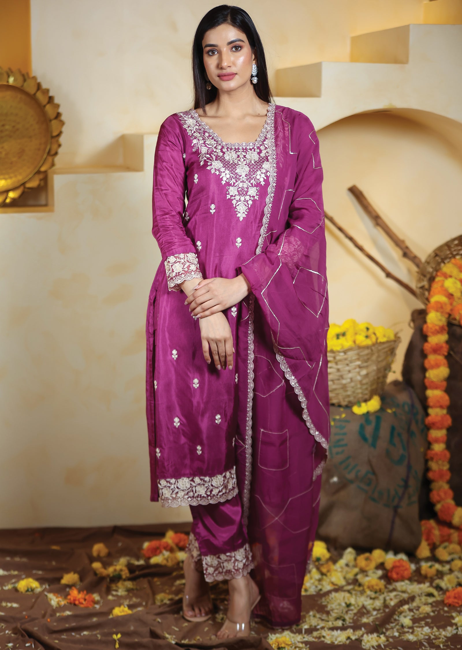 Light Magenta Pink Soft Silk Straight cut suits