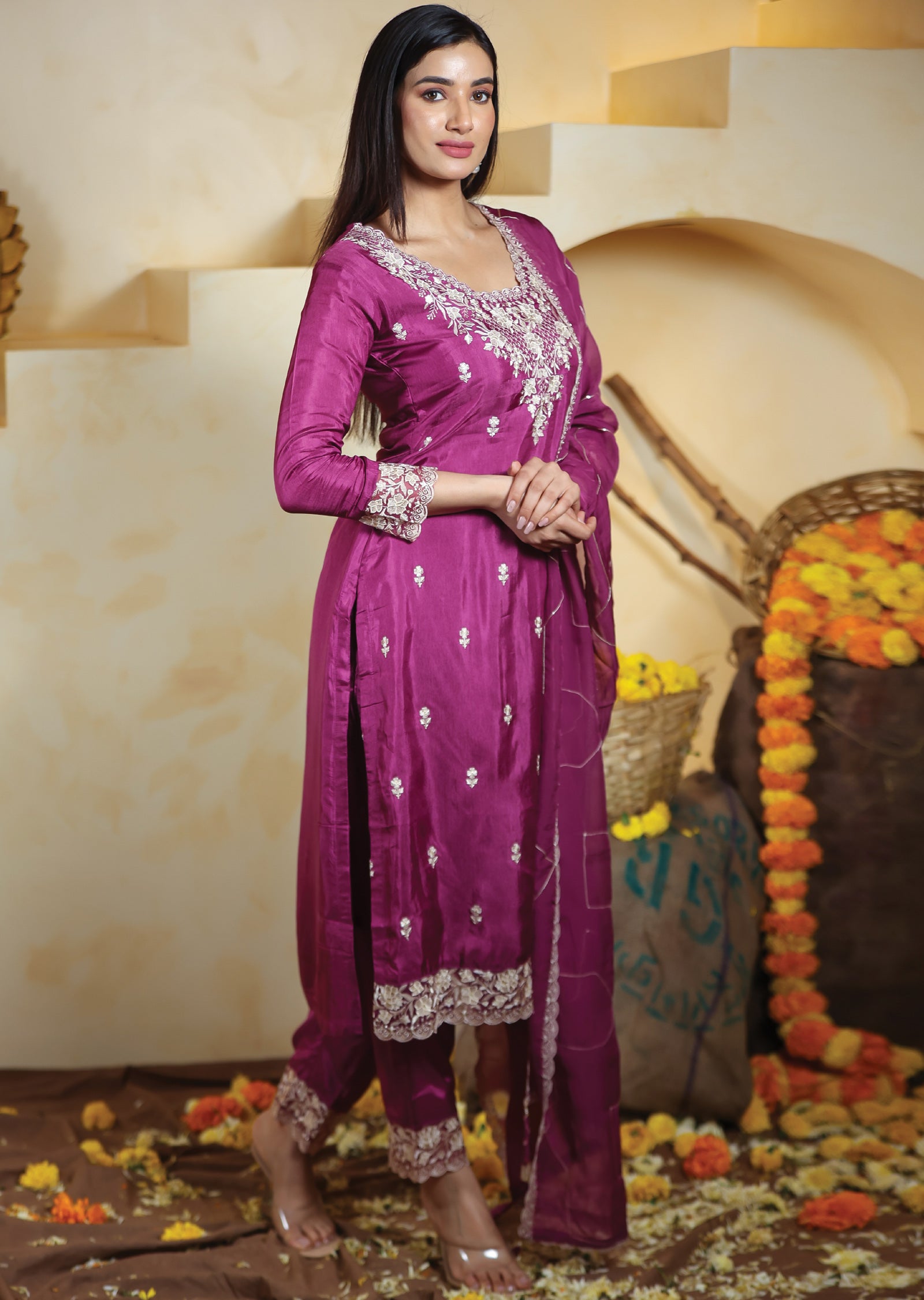 Light Magenta Pink Soft Silk Straight cut suits