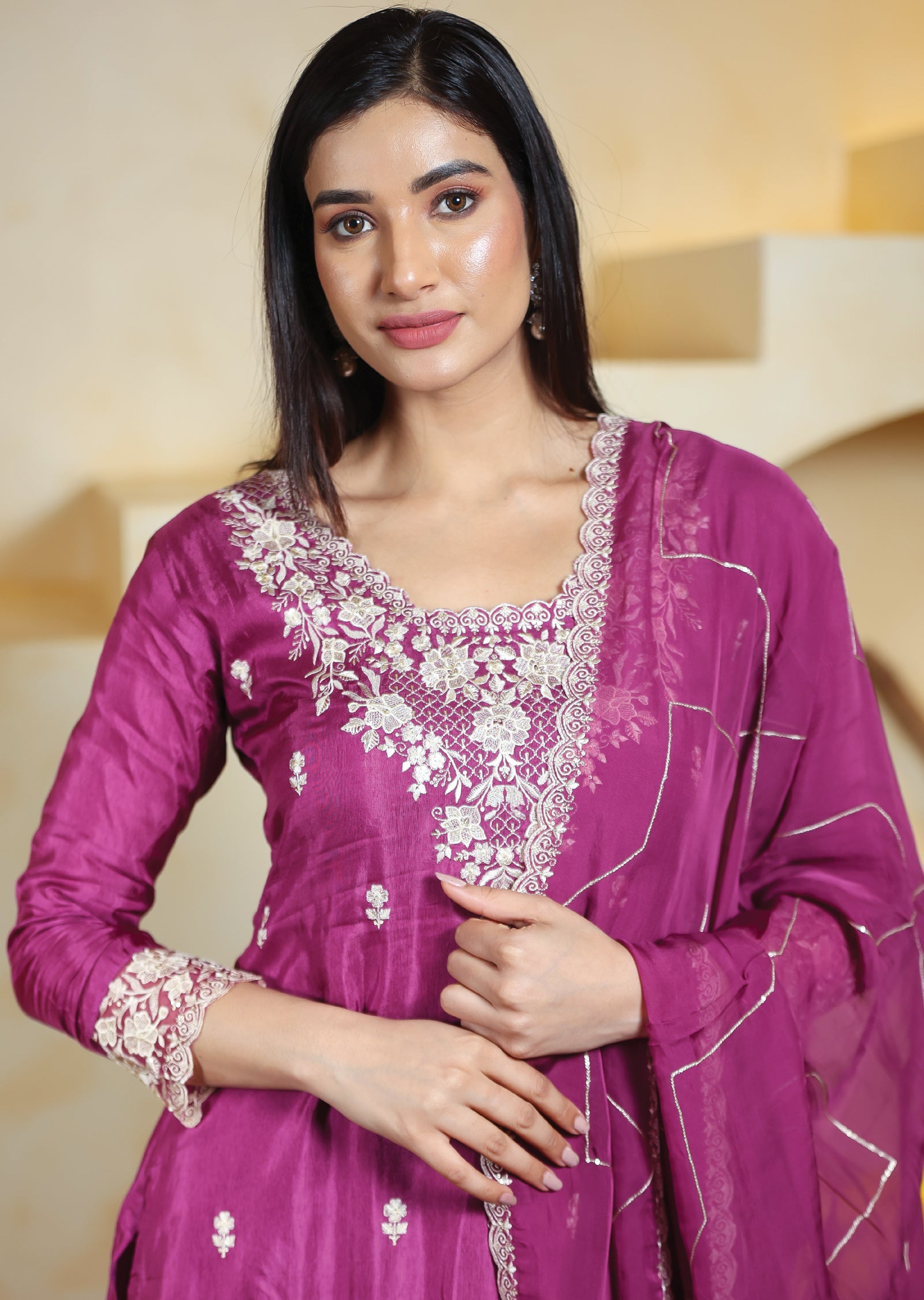 Light Magenta Pink Soft Silk Straight cut suits