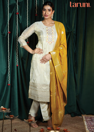 Cream Tissue Silk Straight cut suits