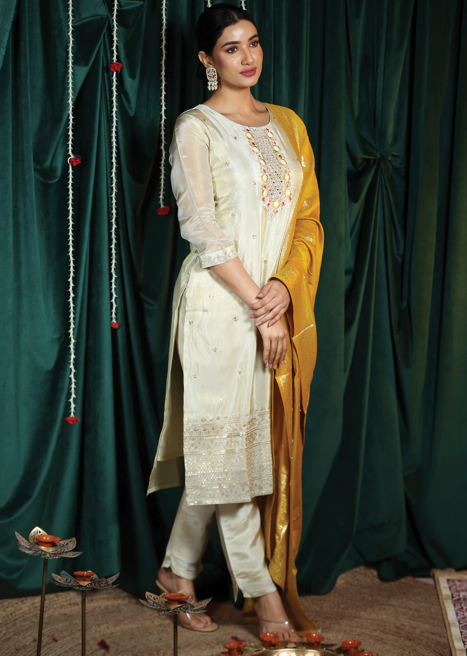 Cream Tissue Silk Straight cut suits