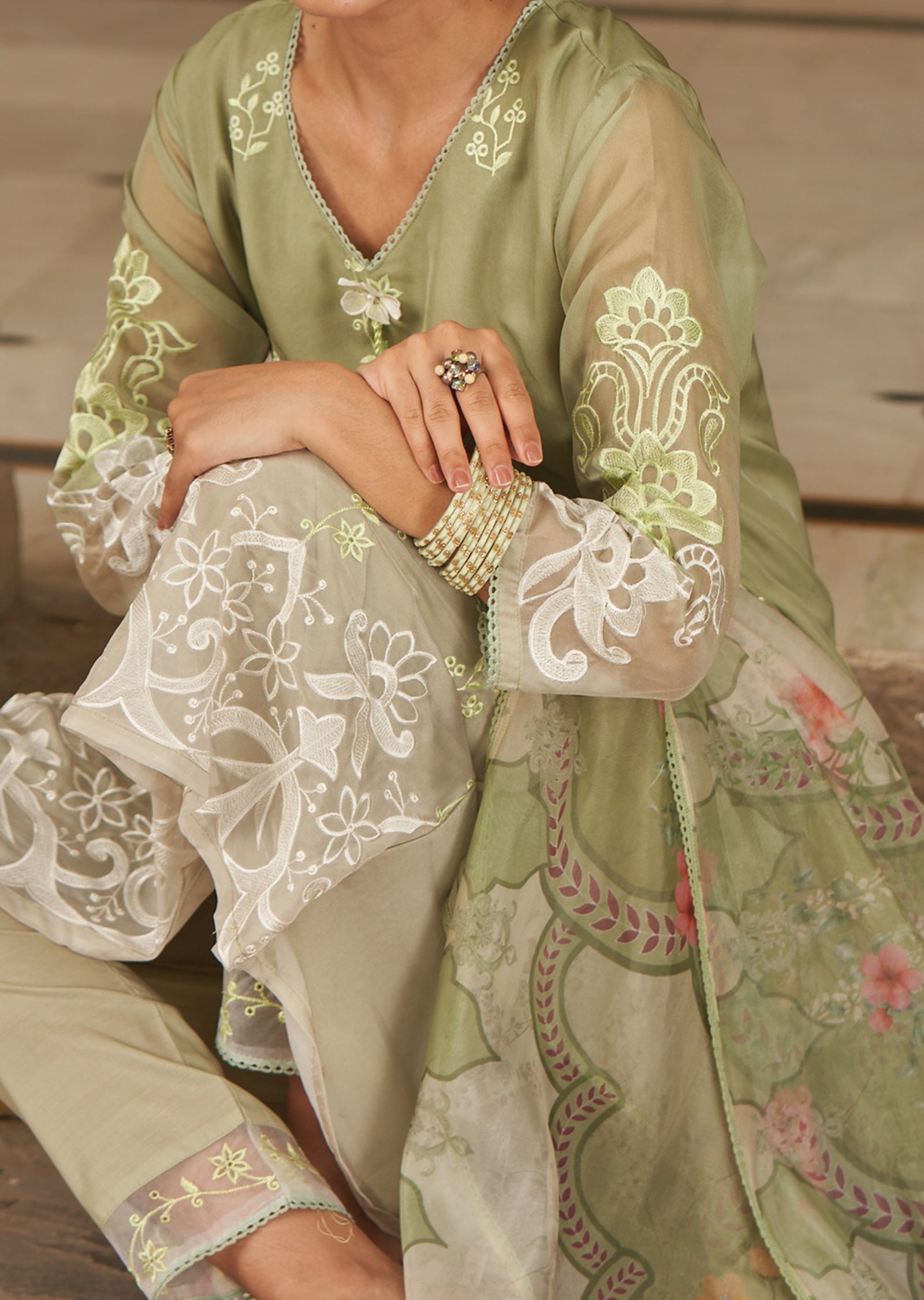 Light Mehndi Green Organza Straight cut suits