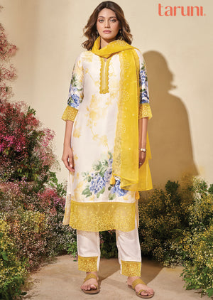 Cream & Yellow Modal Satin Straight cut suits