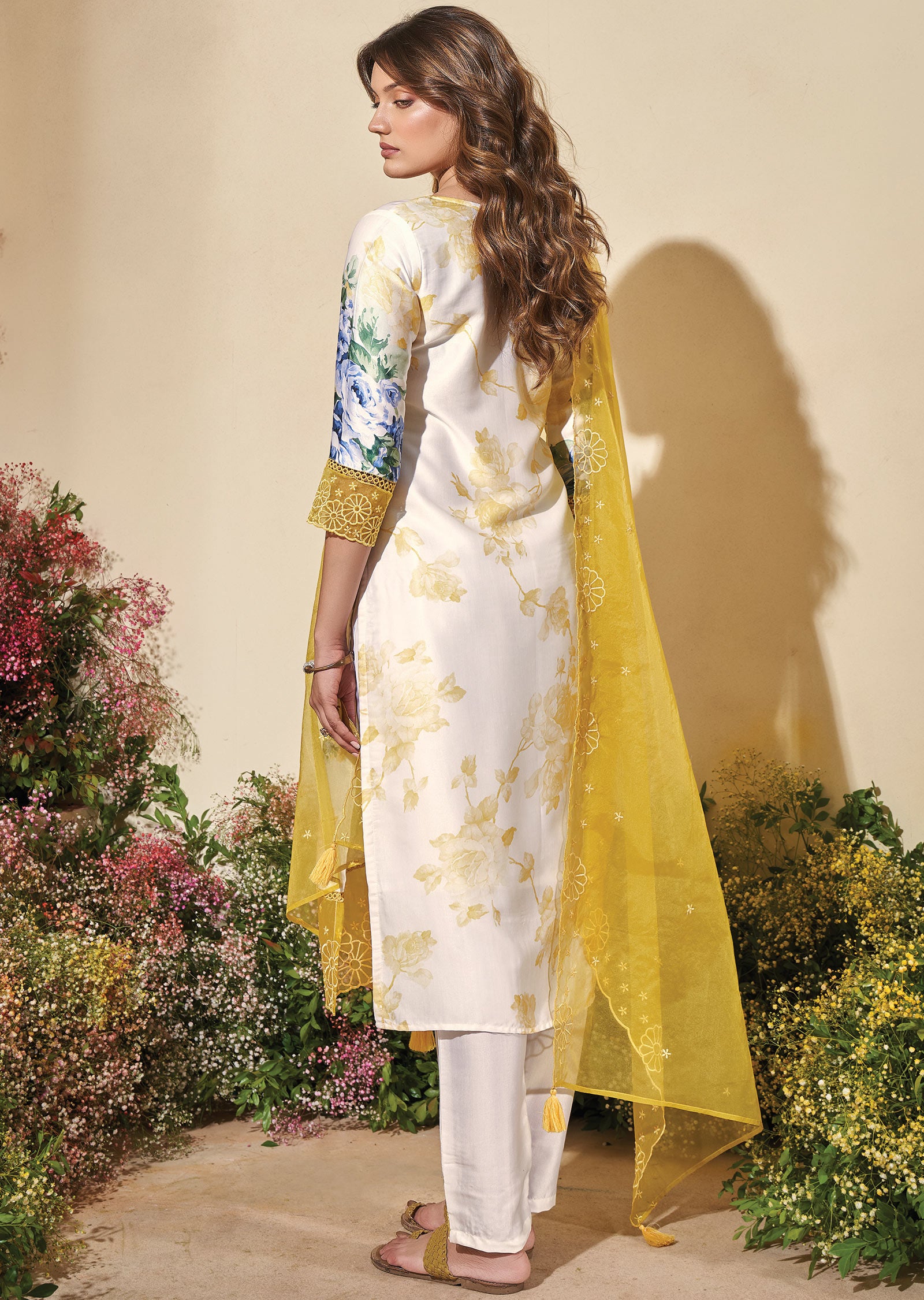 Cream & Yellow Modal Satin Straight cut suits