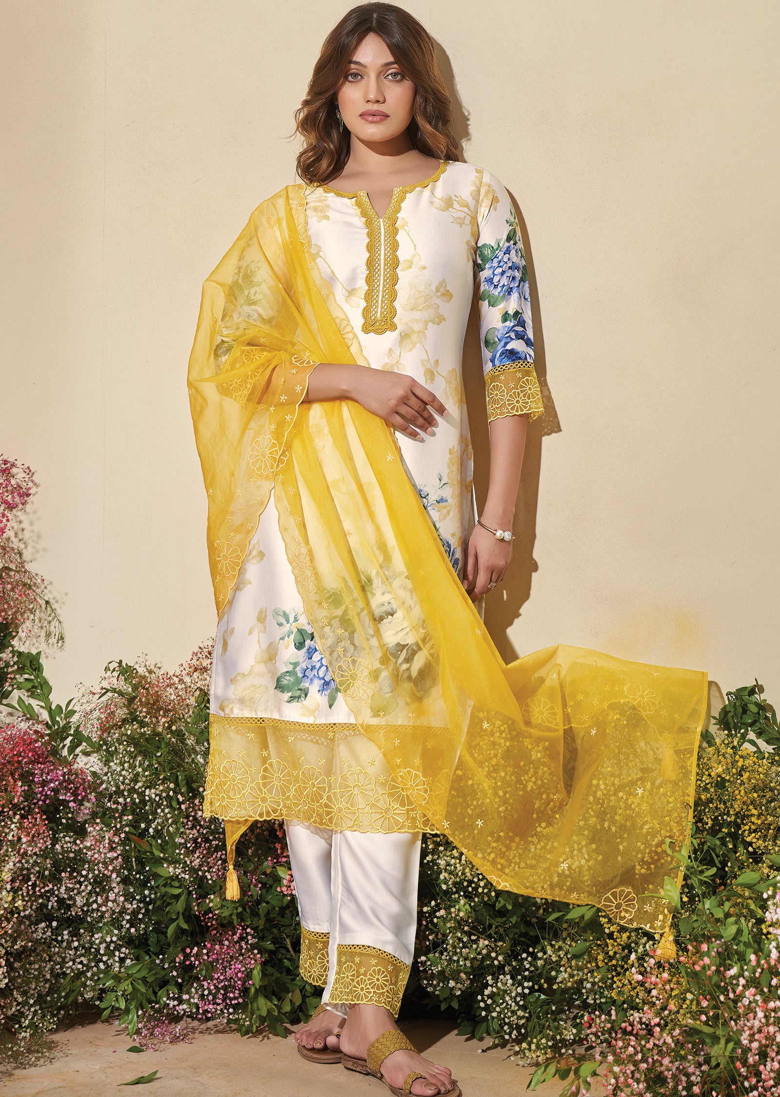 Cream & Yellow Modal Satin Straight cut suits