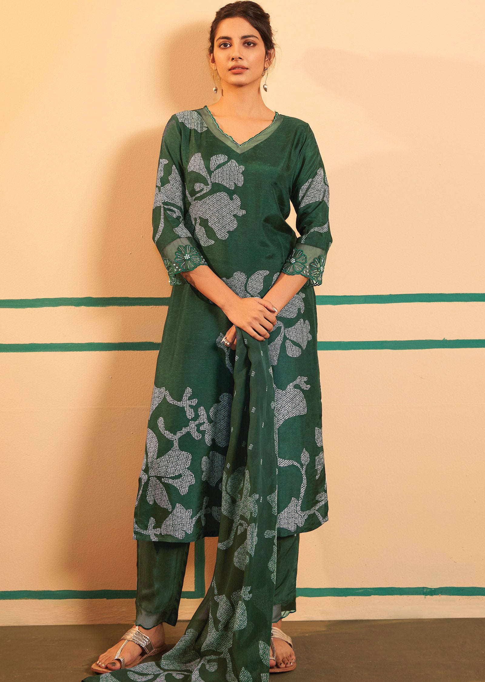 Dark Green Silk Straight cut suits