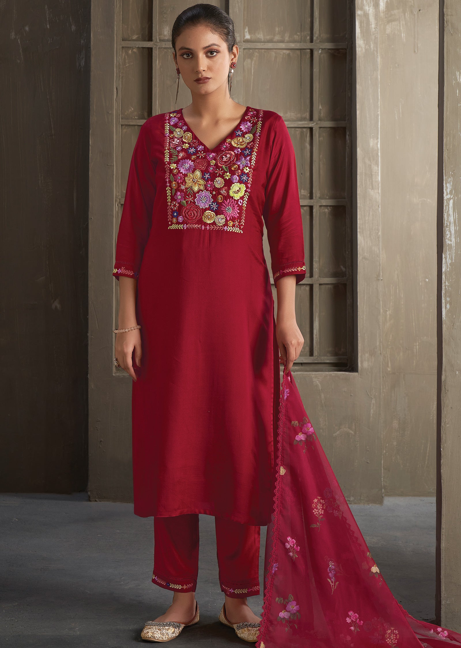 Red Muslin Straight cut suits