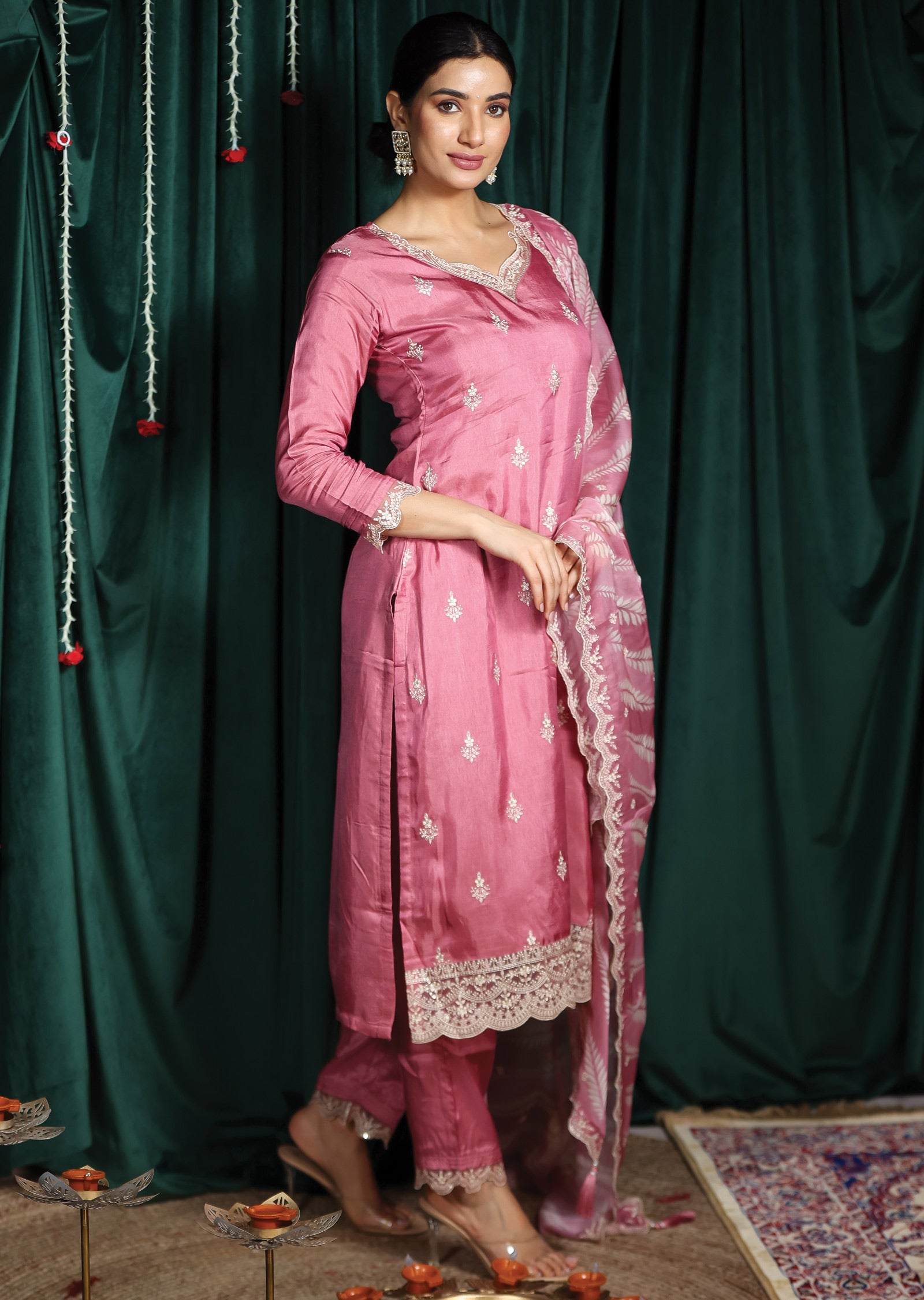 Pink Silk Straight Cut Suits