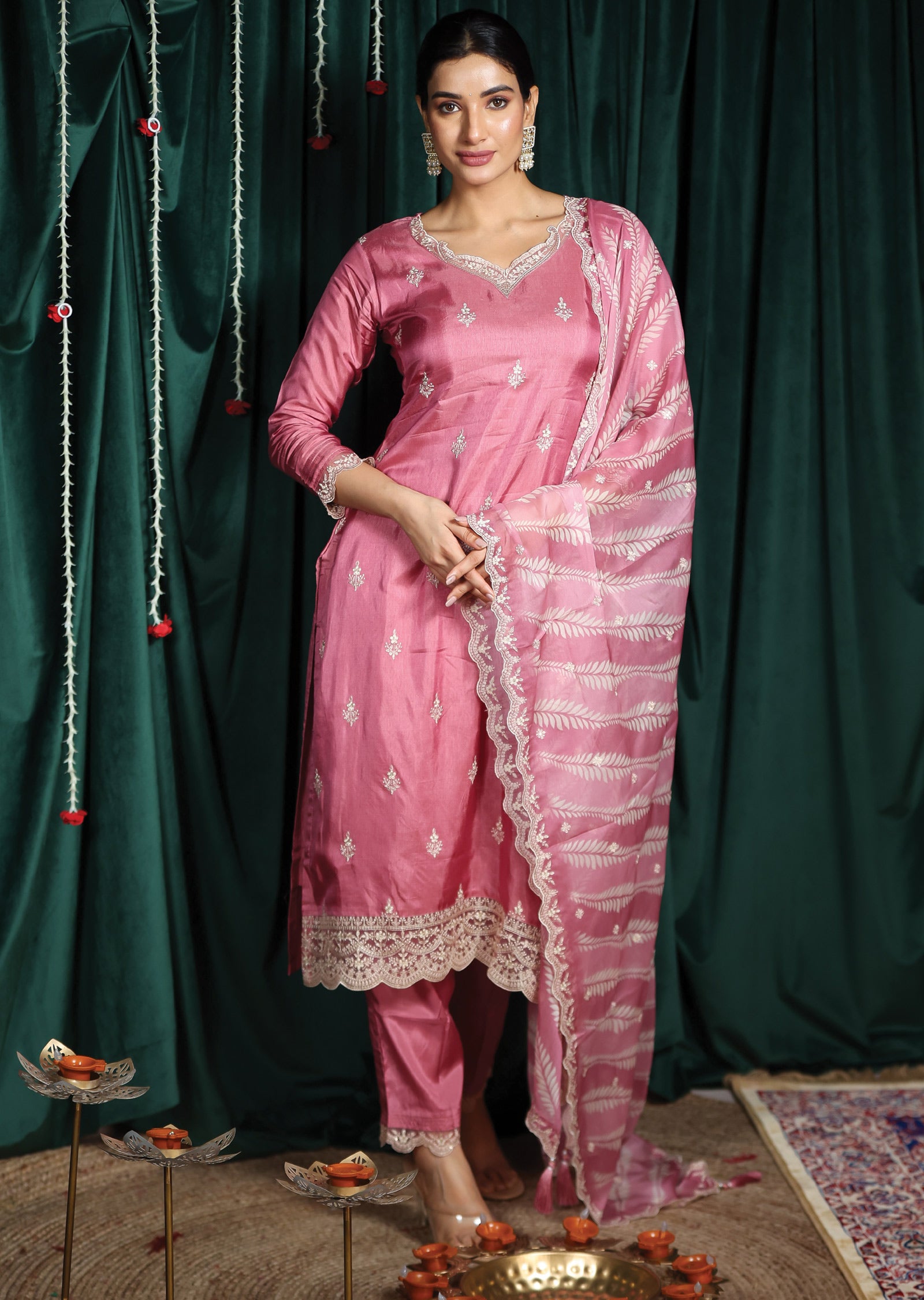 Pink Silk Straight Cut Suits