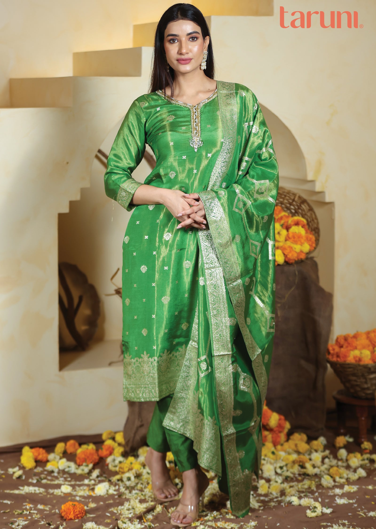 Green Banaras Tissue Silk Straight Cut Suits