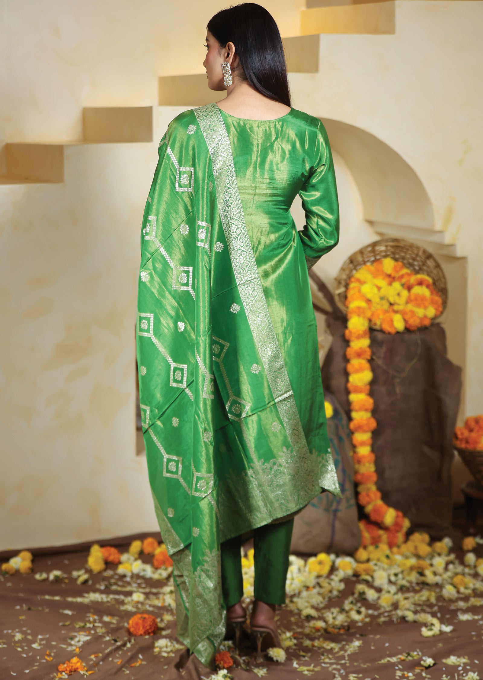 Green Banaras Tissue Silk Straight Cut Suits