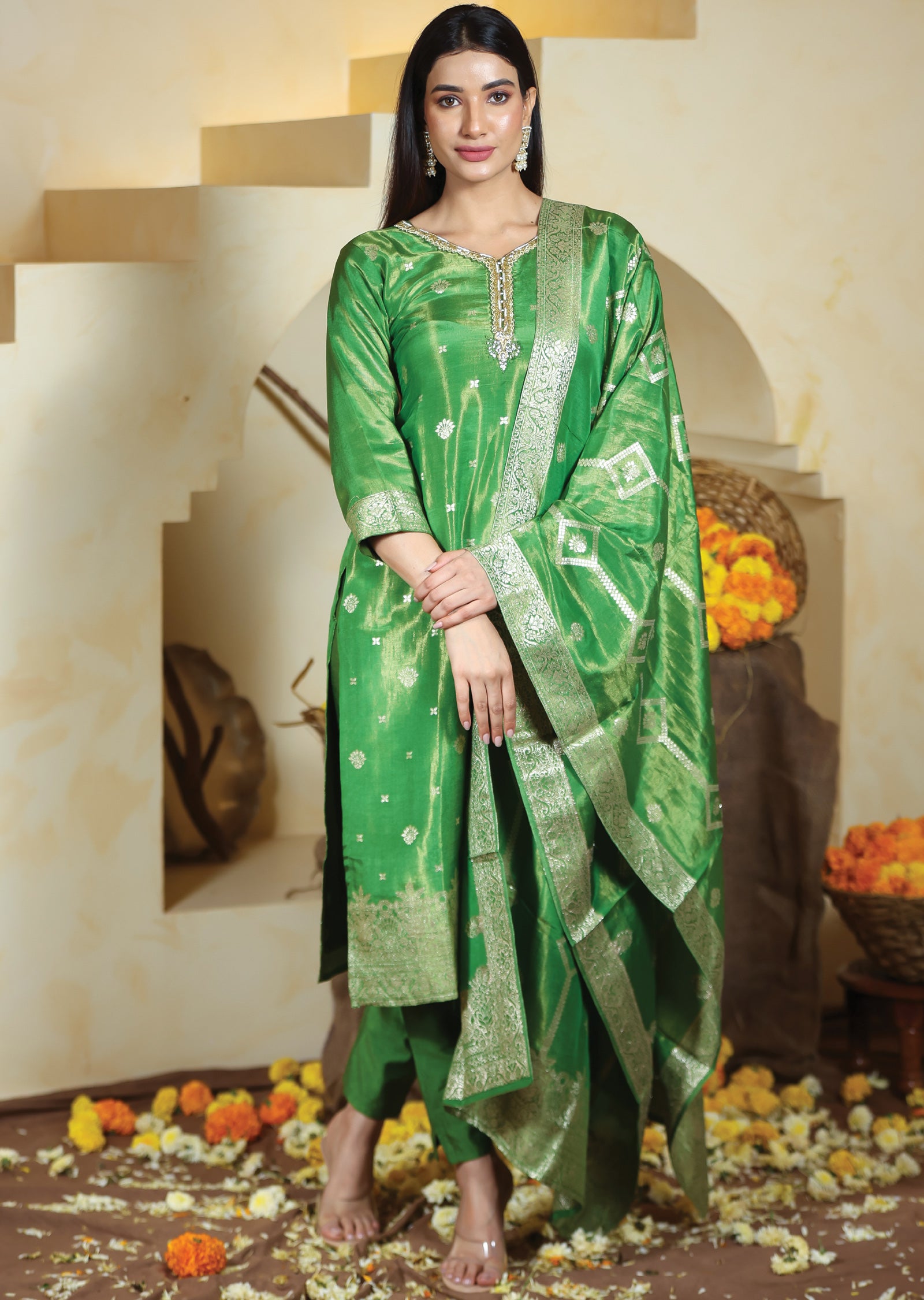 Green Banaras Tissue Silk Straight Cut Suits