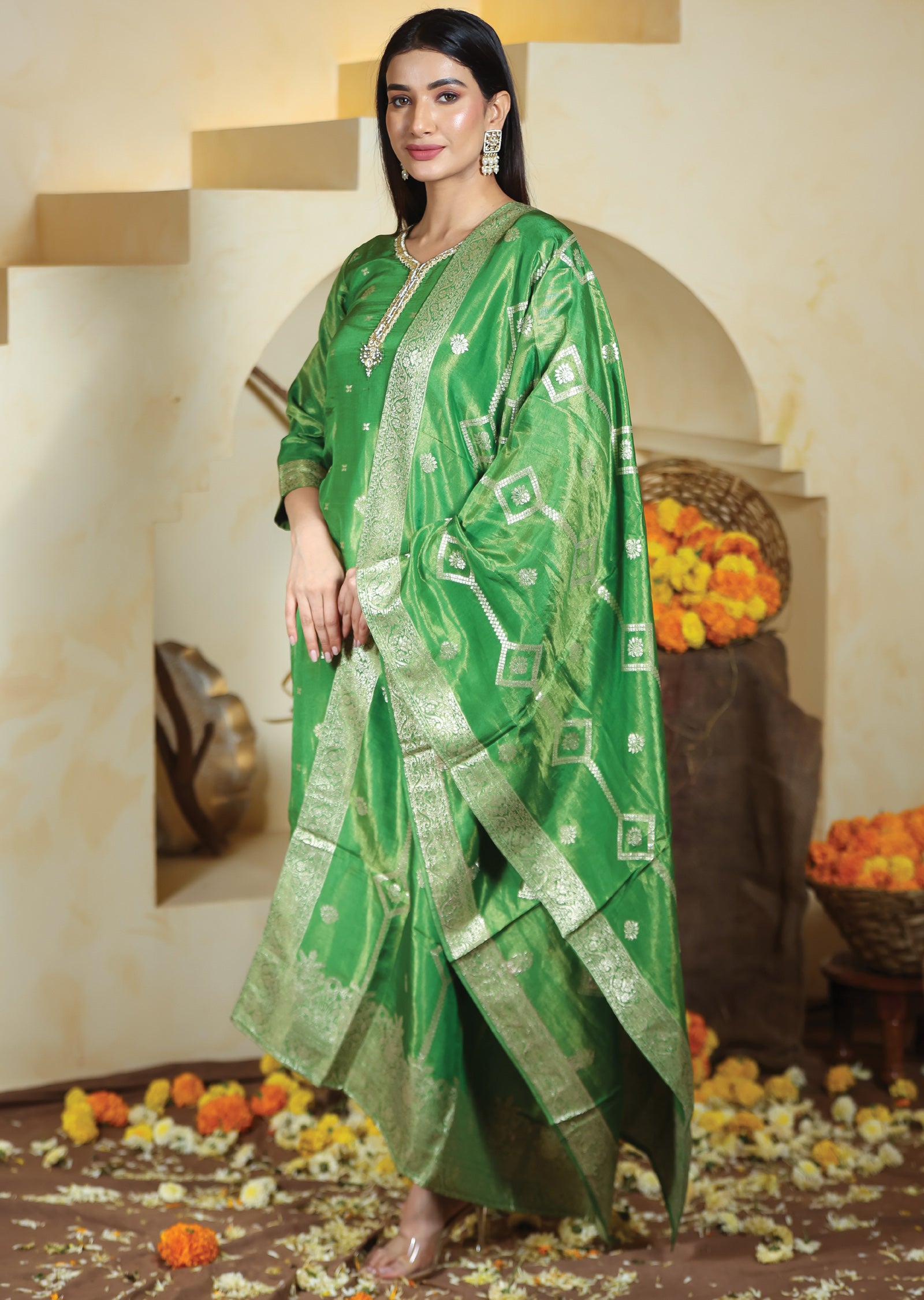 Green Banaras Tissue Silk Straight Cut Suits