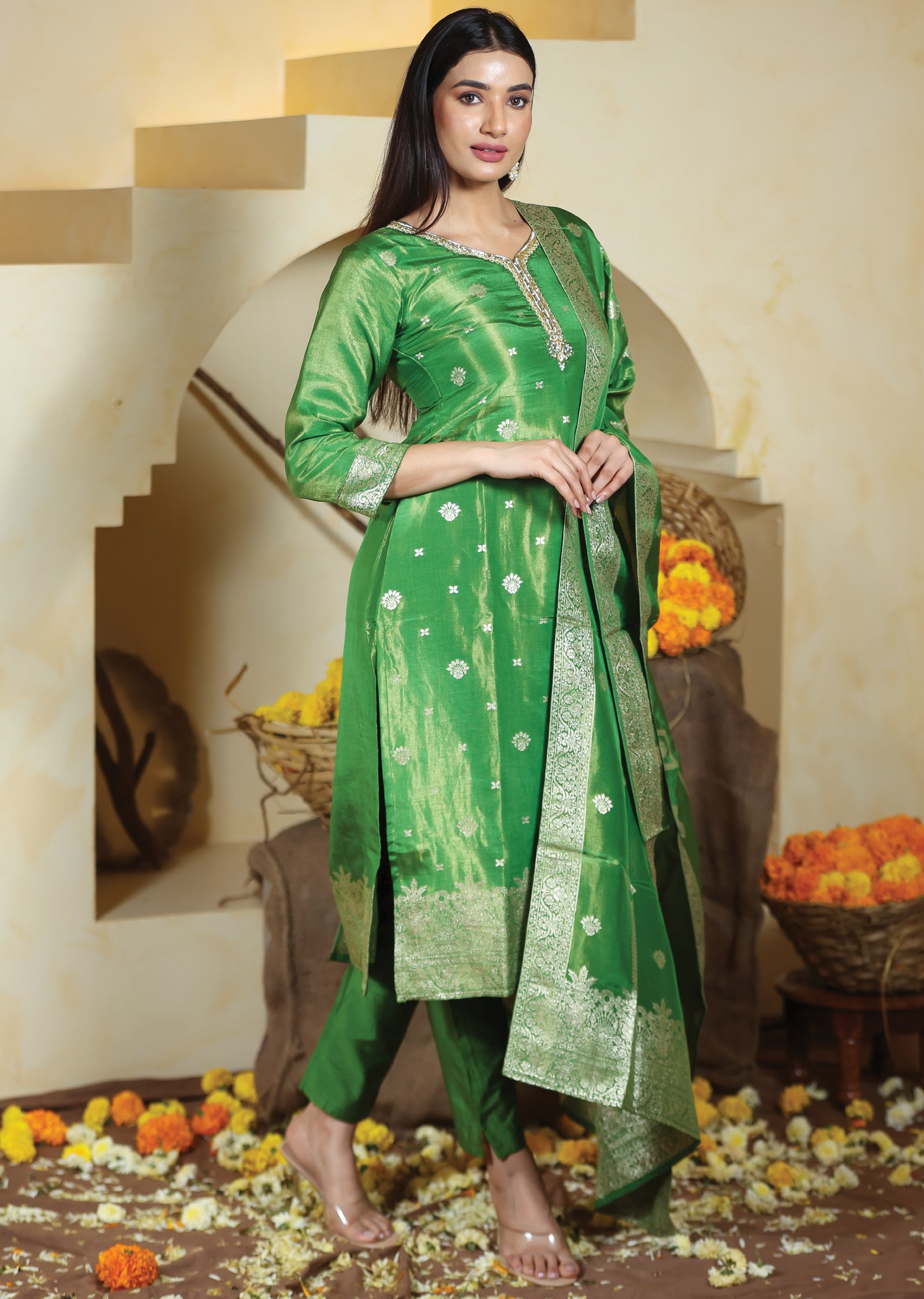 Green Banaras Tissue Silk Straight Cut Suits