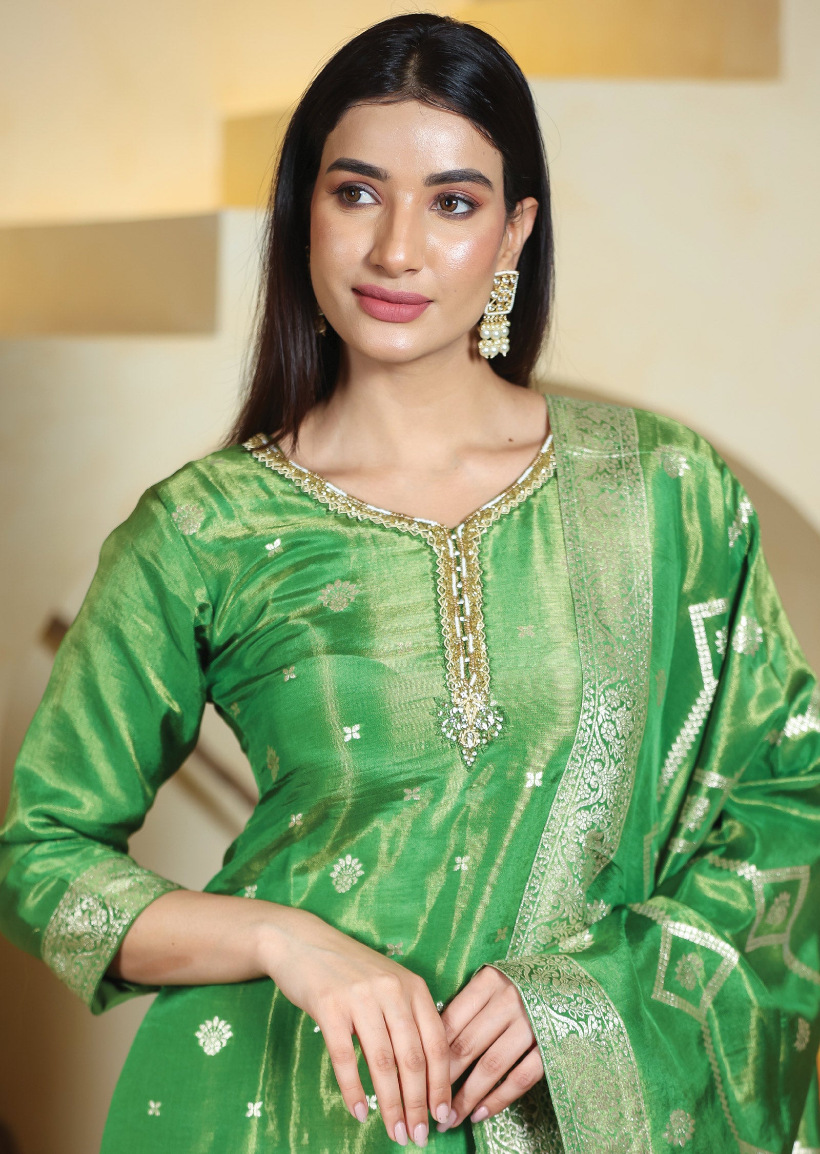 Green Banaras Tissue Silk Straight Cut Suits