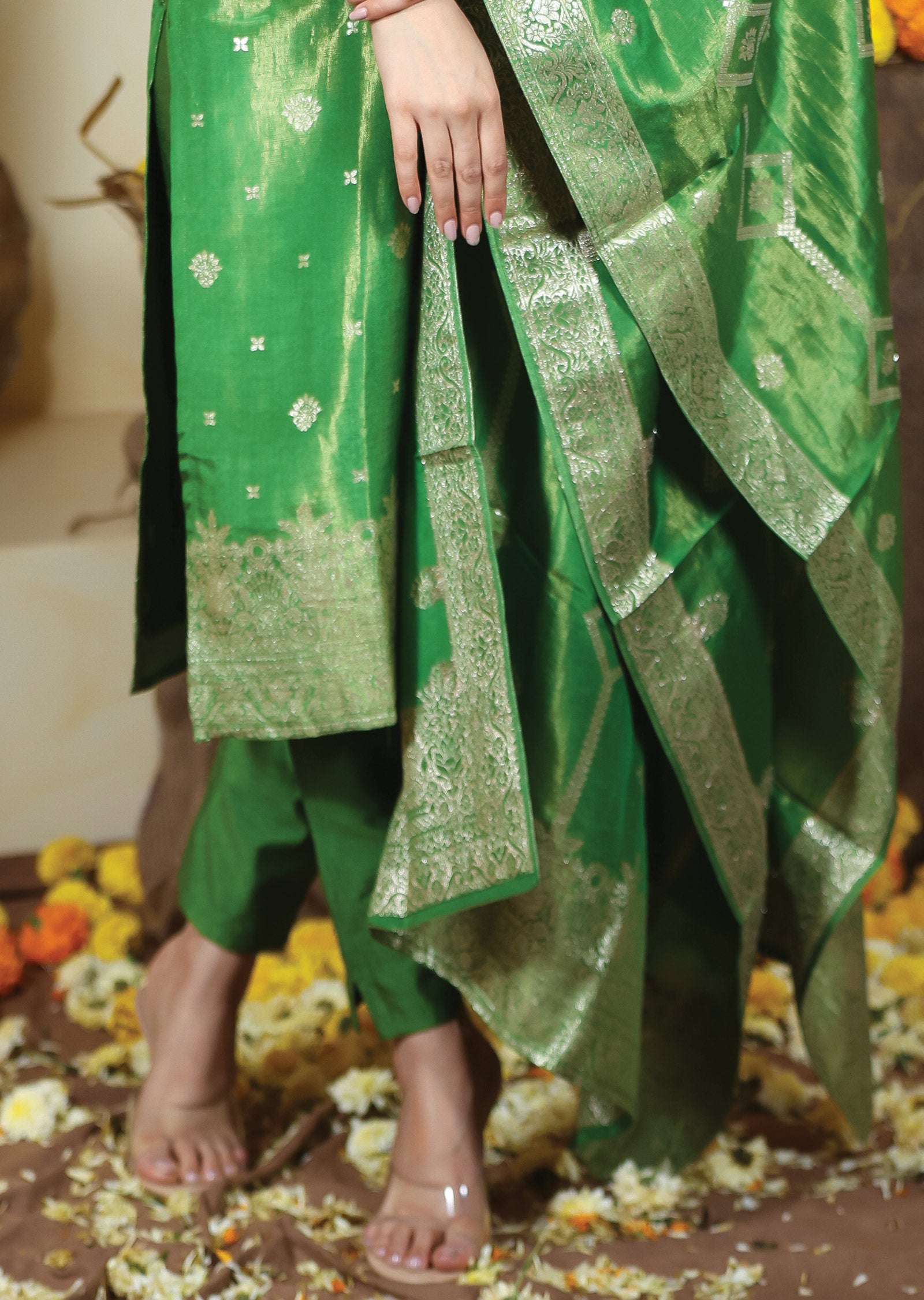 Green Banaras Tissue Silk Straight Cut Suits