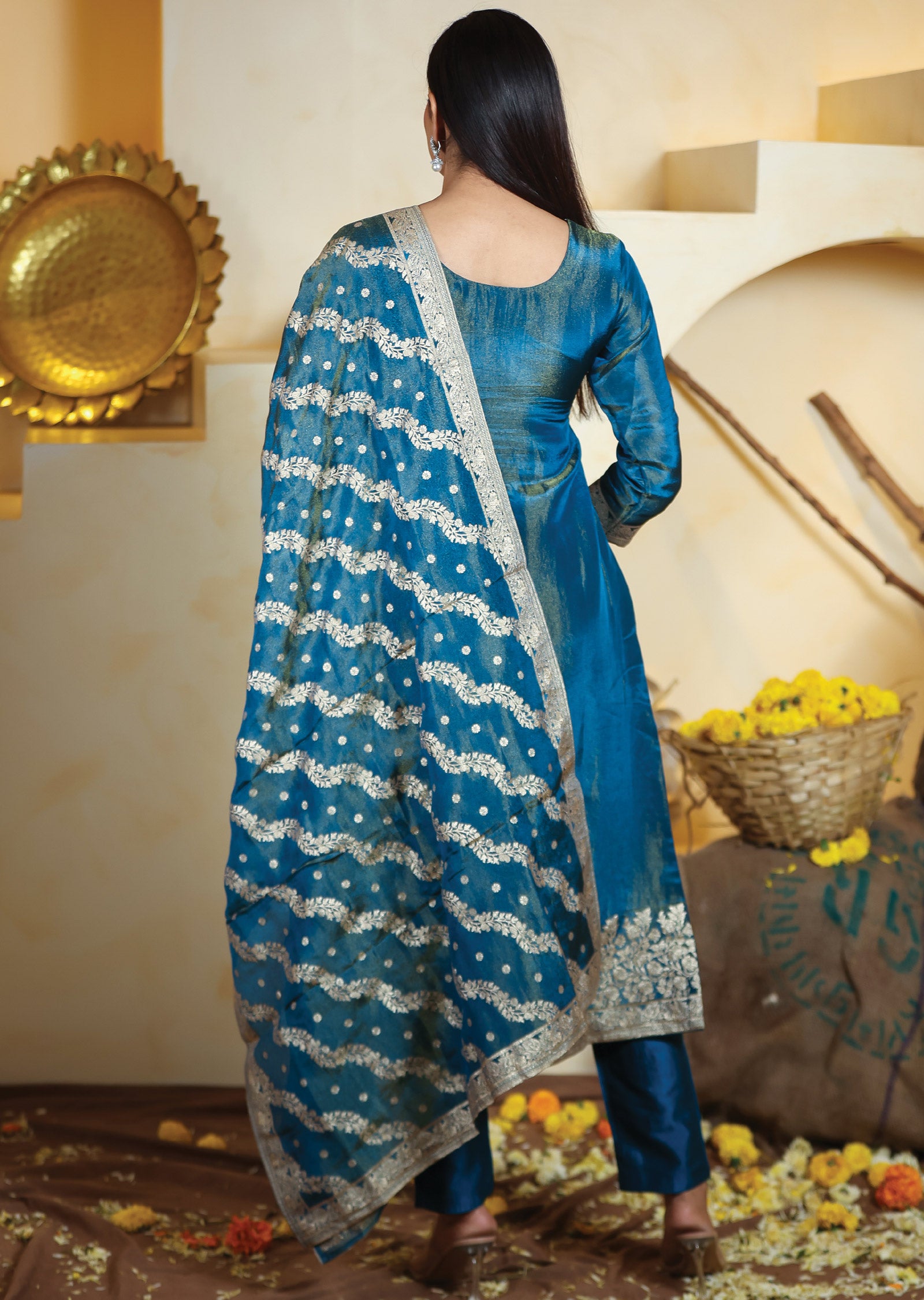 Teal Blue Tissue Banaras Silk Straight Cut Suits