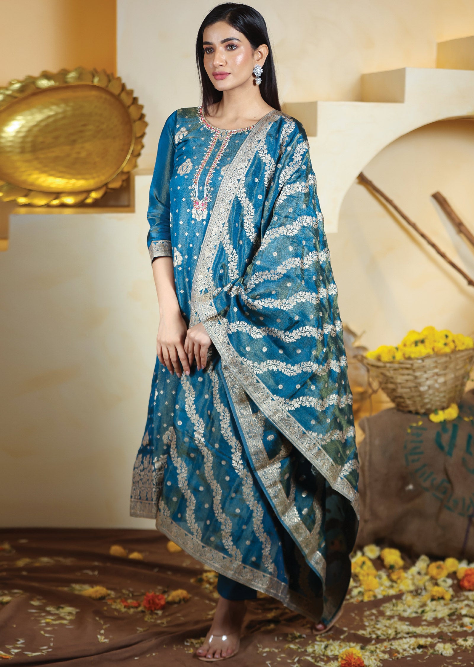 Teal Blue Tissue Banaras Silk Straight Cut Suits