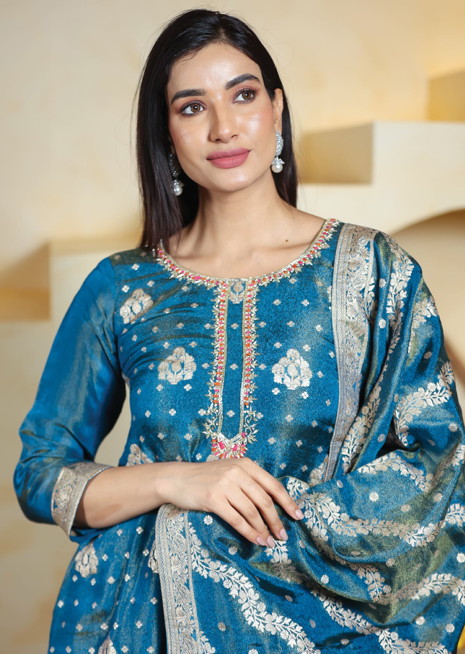 Teal Blue Tissue Banaras Silk Straight Cut Suits