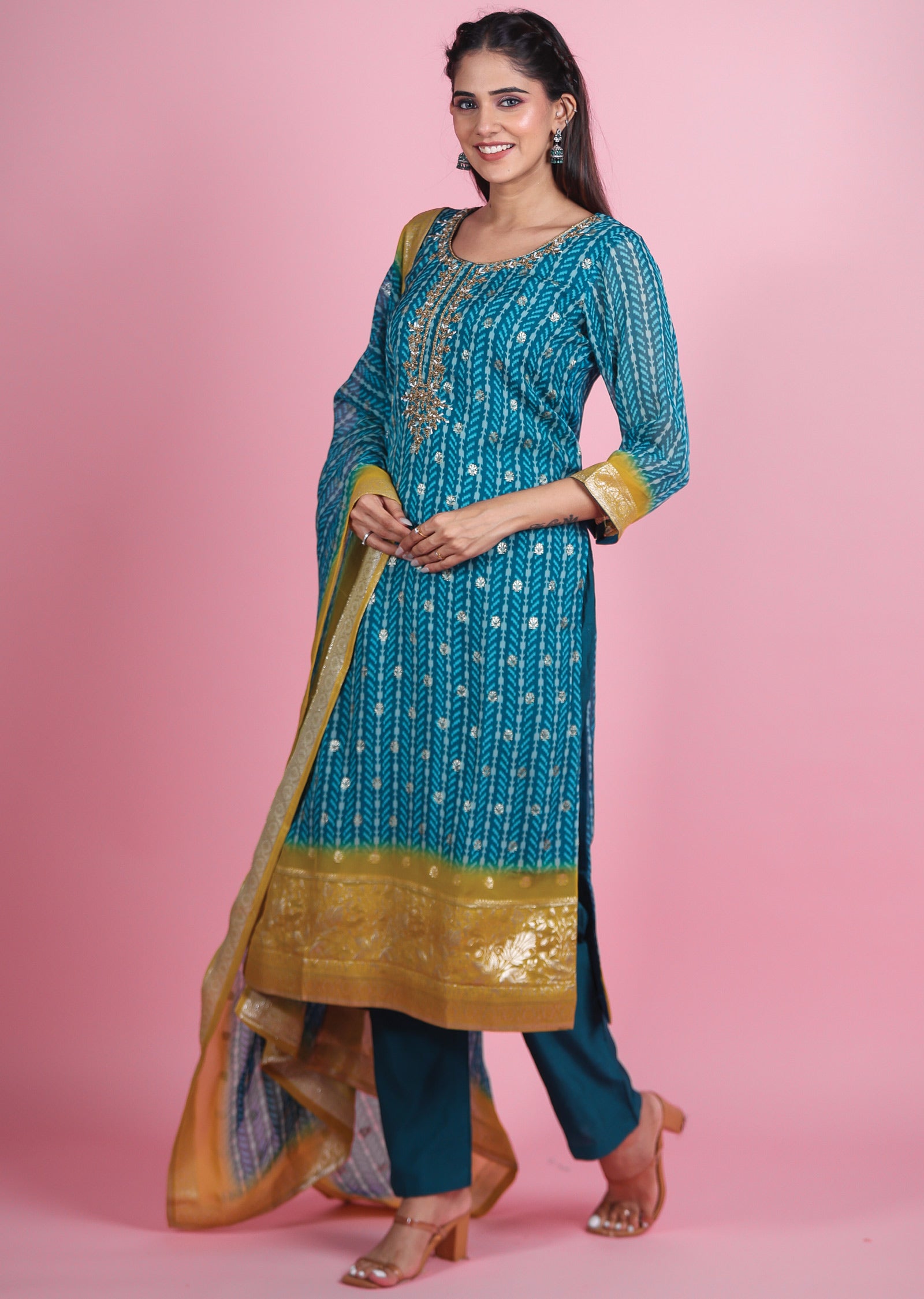 Rama Green & Yellow Organza Straight Cut Suit