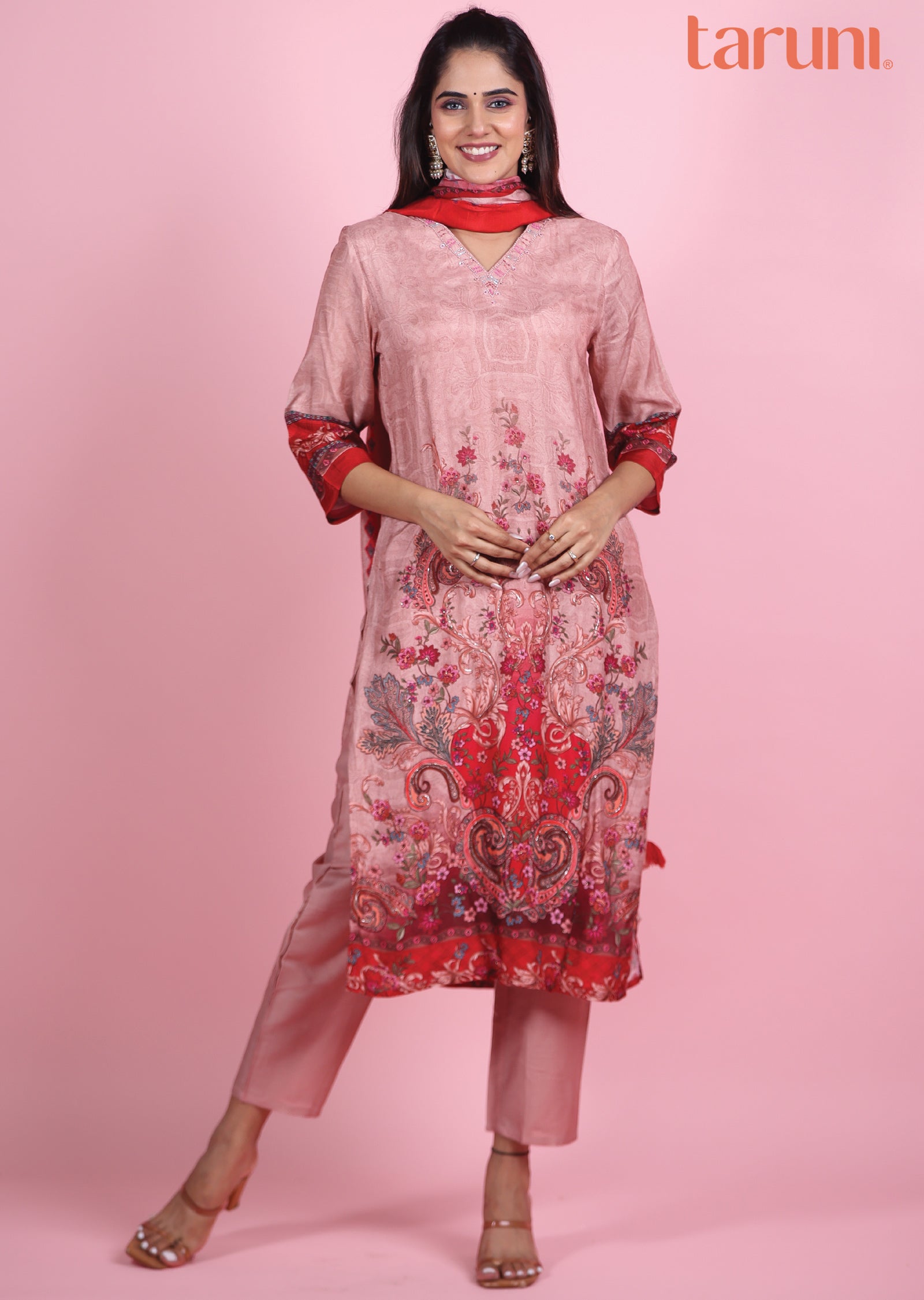 Onion Pink & Red Modal Straight Cut Suits