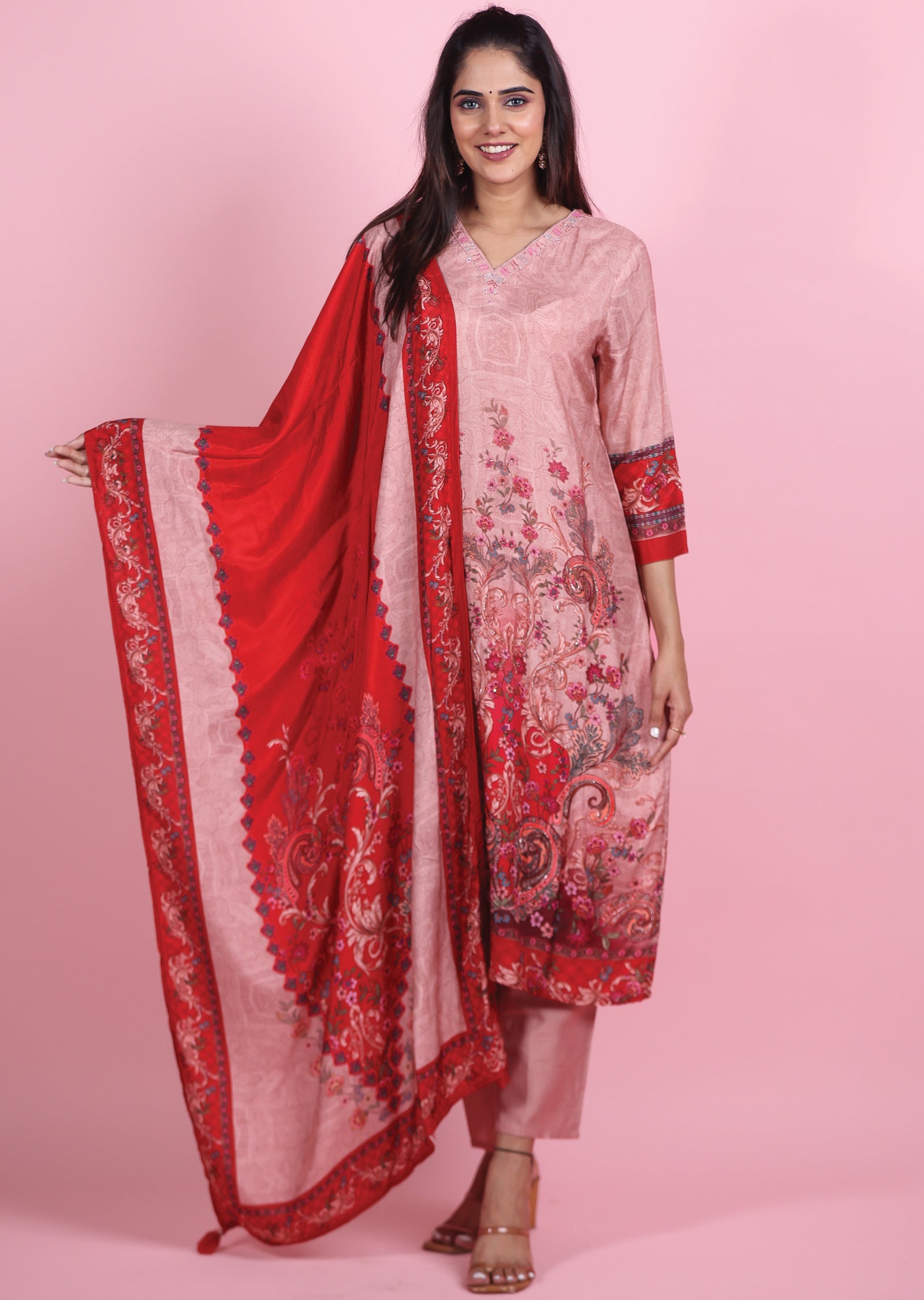 Onion Pink & Red Modal Straight Cut Suits