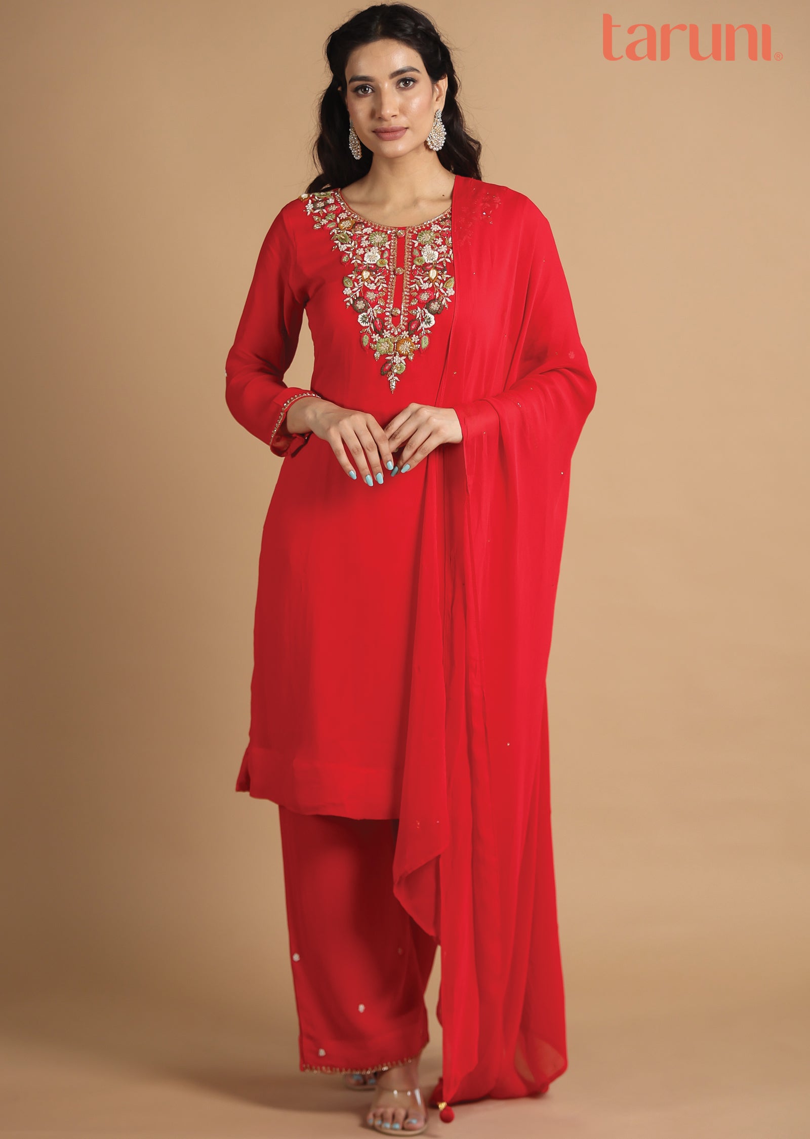 Red Georgette Straight Cut Suits