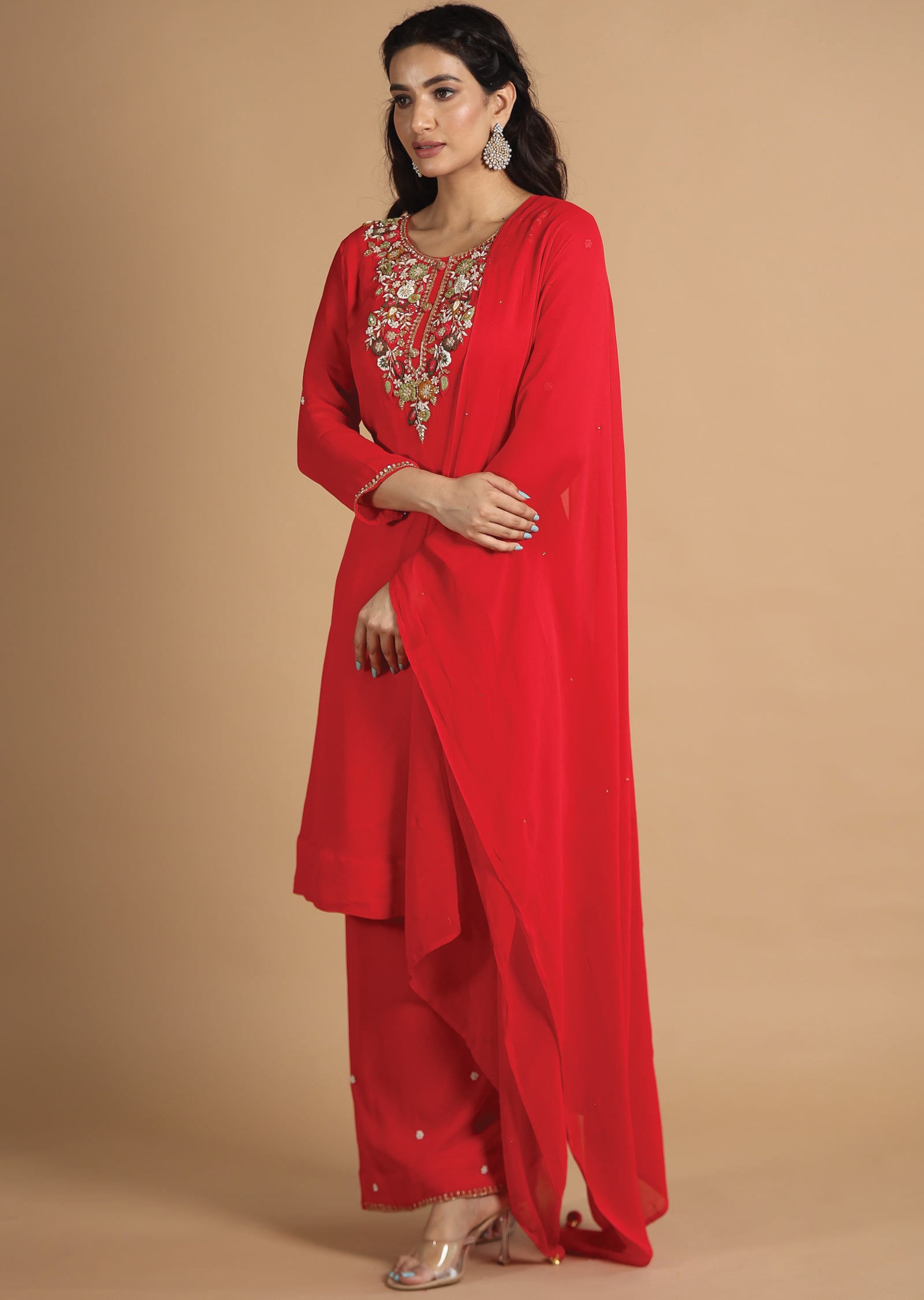 Red Georgette Straight Cut Suits