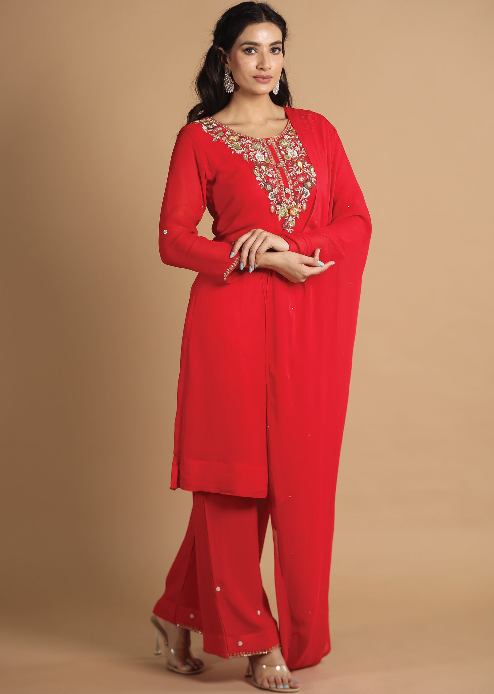 Red Georgette Straight Cut Suits